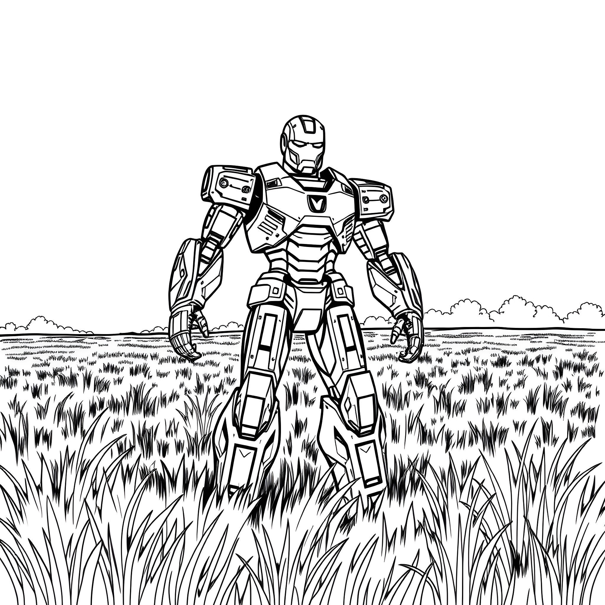 Iron Giant standing tall in a grassy field Coloring Page (free black-and-white line drawing printable PDF for all, from beginners to advanced learners, including children, teens, adults, and seniors)