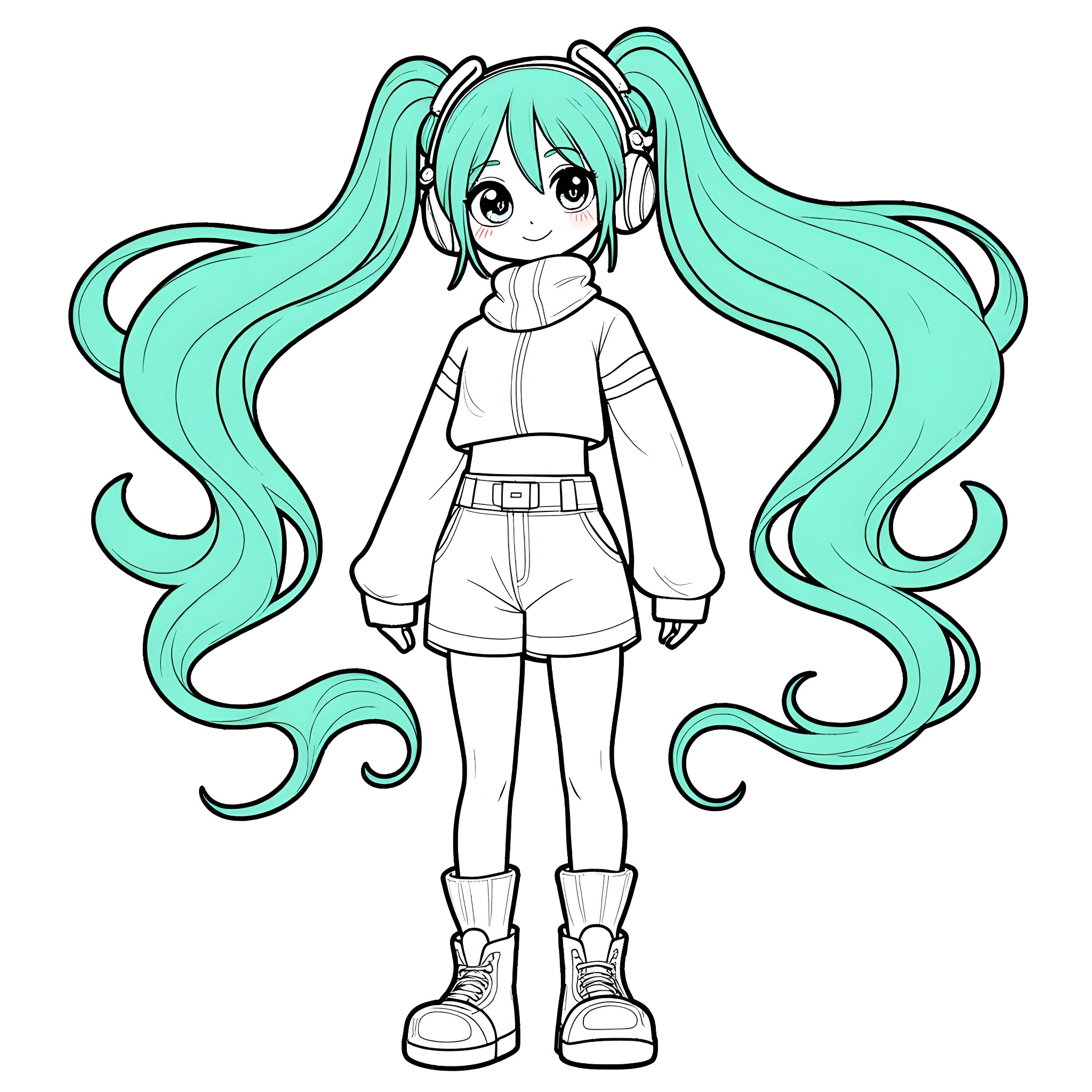 Hatsune Miku in casual outfit with long teal hair Coloring Page (free black-and-white line drawing printable PDF for all, from beginners to advanced learners, including children, teens, adults, and seniors)