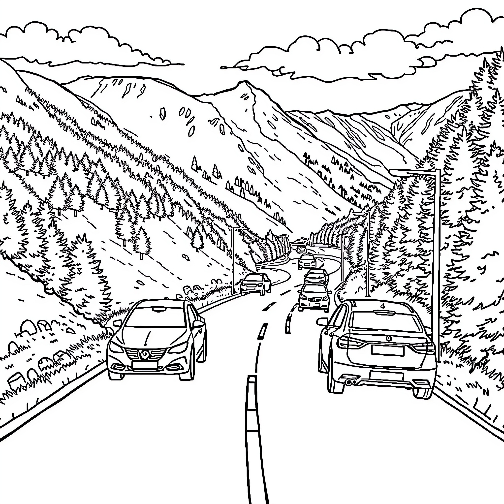 Car journey through scenic mountain landscape Coloring Page (free black-and-white line drawing printable PDF for all, from beginners to advanced learners, including children, teens, adults, and seniors)