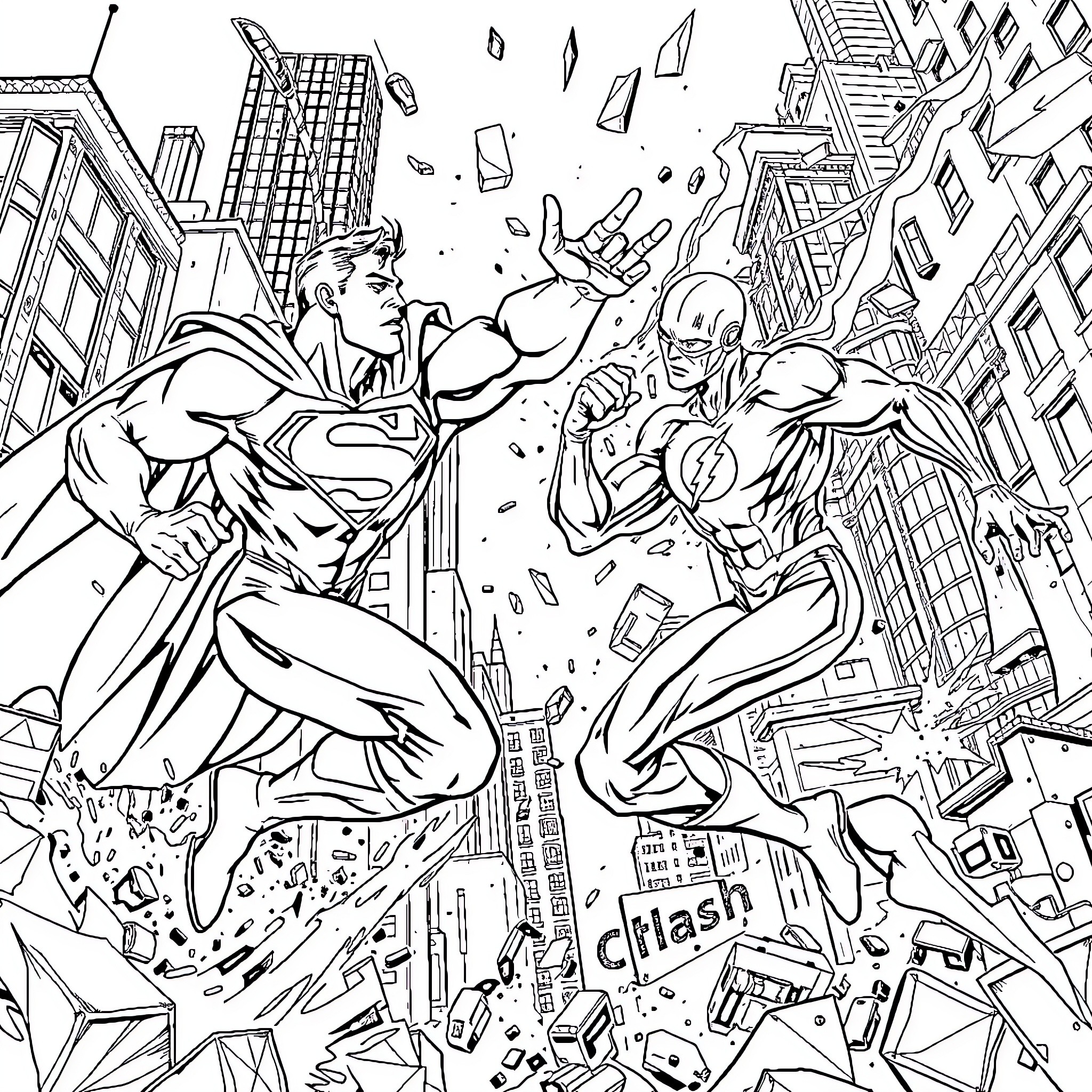 Superman's Heroic Clash with a Supervillain in the City Coloring Page (free black-and-white line drawing printable PDF for all, from beginners to advanced learners, including children, teens, adults, and seniors)