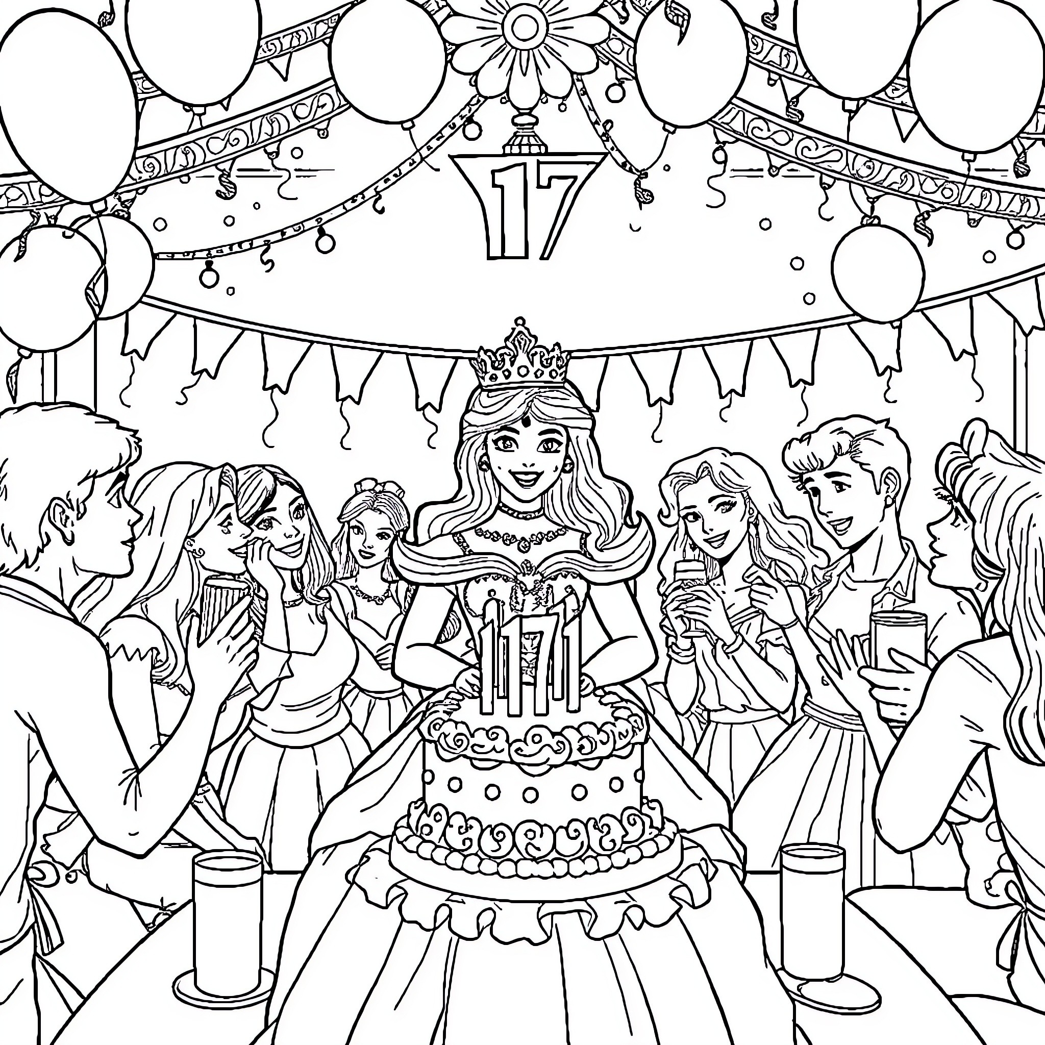 Princess Celebrating 17th Birthday with Friends Coloring Page (free black-and-white line drawing printable PDF for all, from beginners to advanced learners, including children, teens, adults, and seniors)