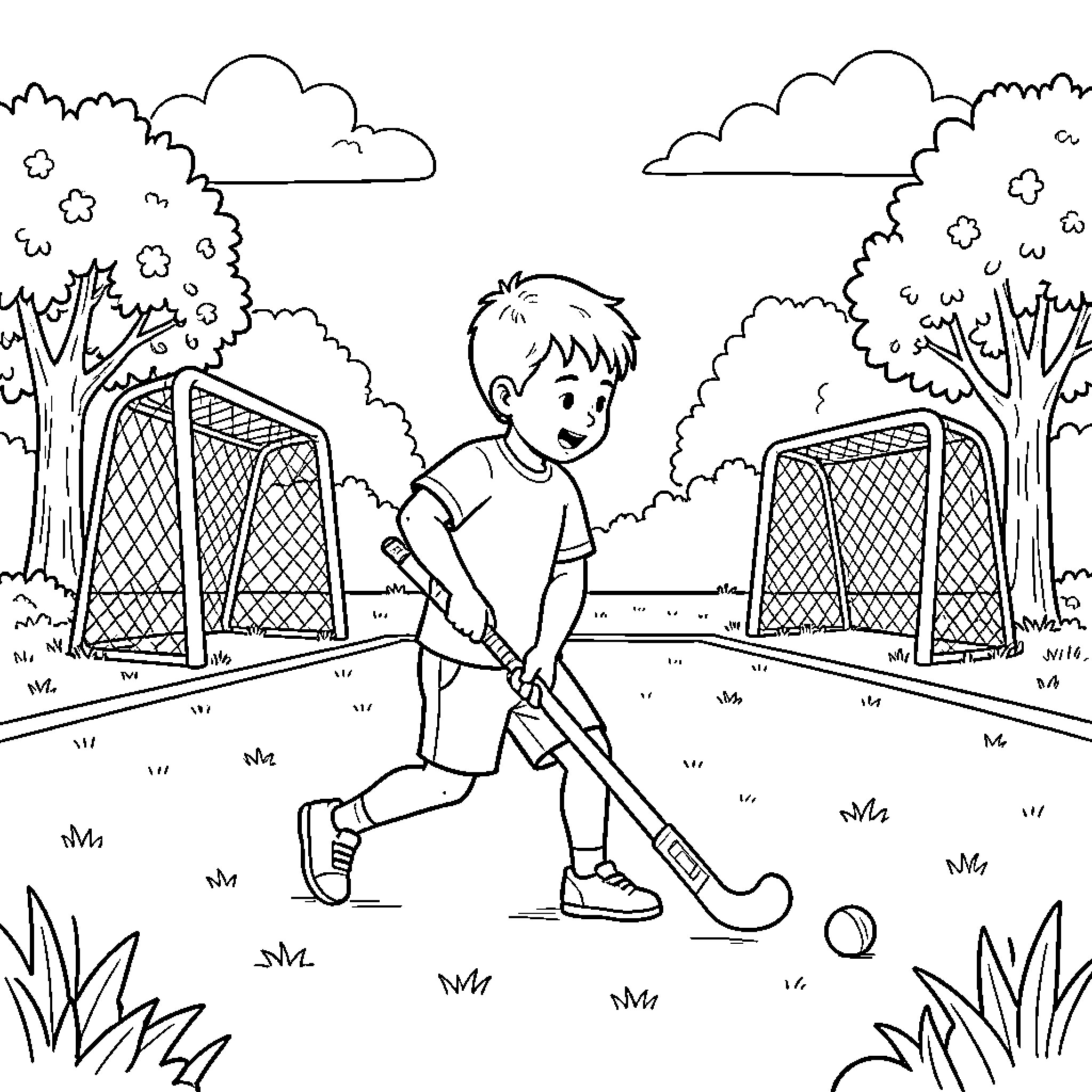 Child playing field hockey in a park Coloring Page (free black-and-white line drawing printable PDF for all, from beginners to advanced learners, including children, teens, adults, and seniors)