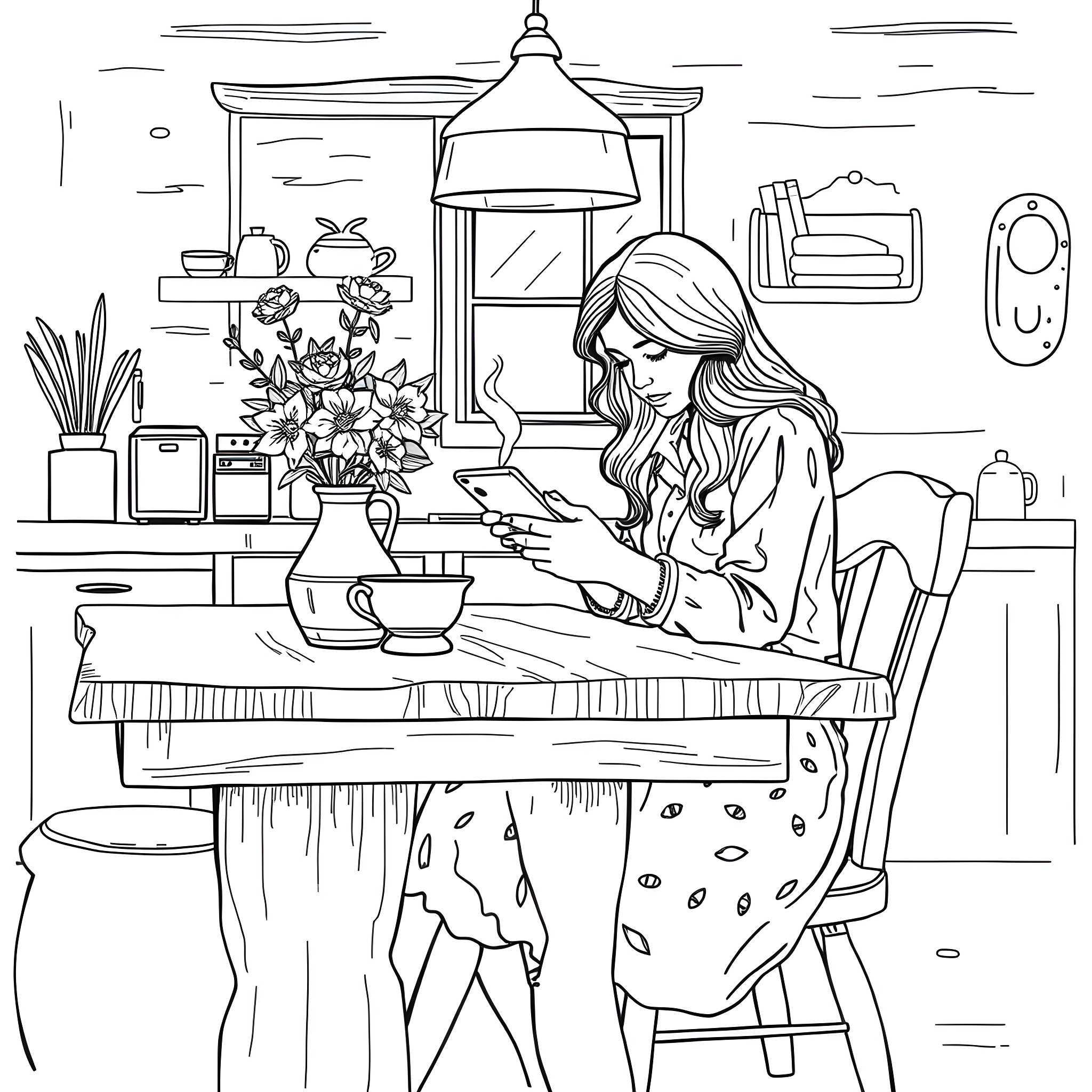 Wife Working Diligently at Kitchen Table Coloring Page (free black-and-white line drawing printable PDF for all, from beginners to advanced learners, including children, teens, adults, and seniors)