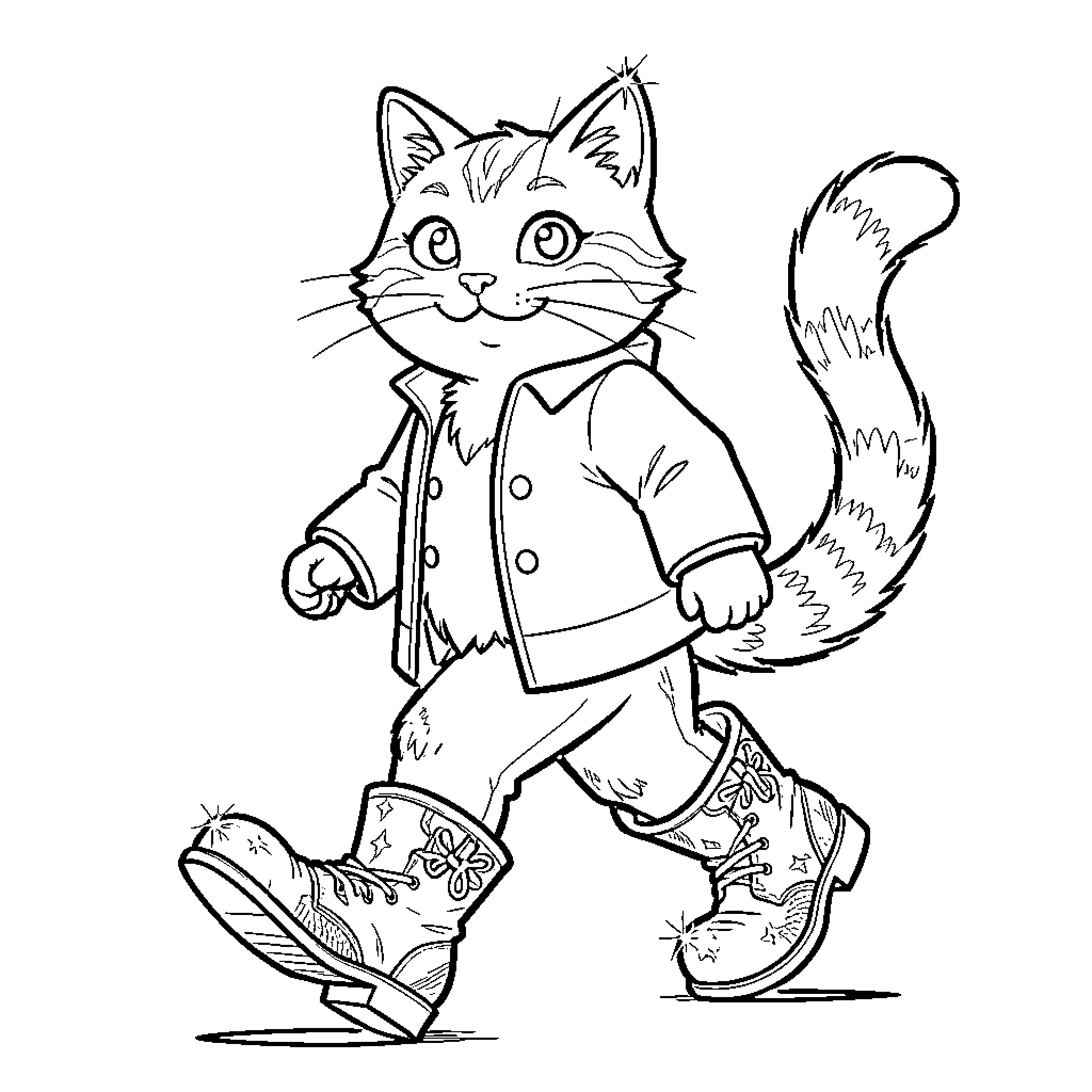 Cat in Boots walking and posing Coloring Page (free black-and-white line drawing printable PDF for all, from beginners to advanced learners, including children, teens, adults, and seniors)