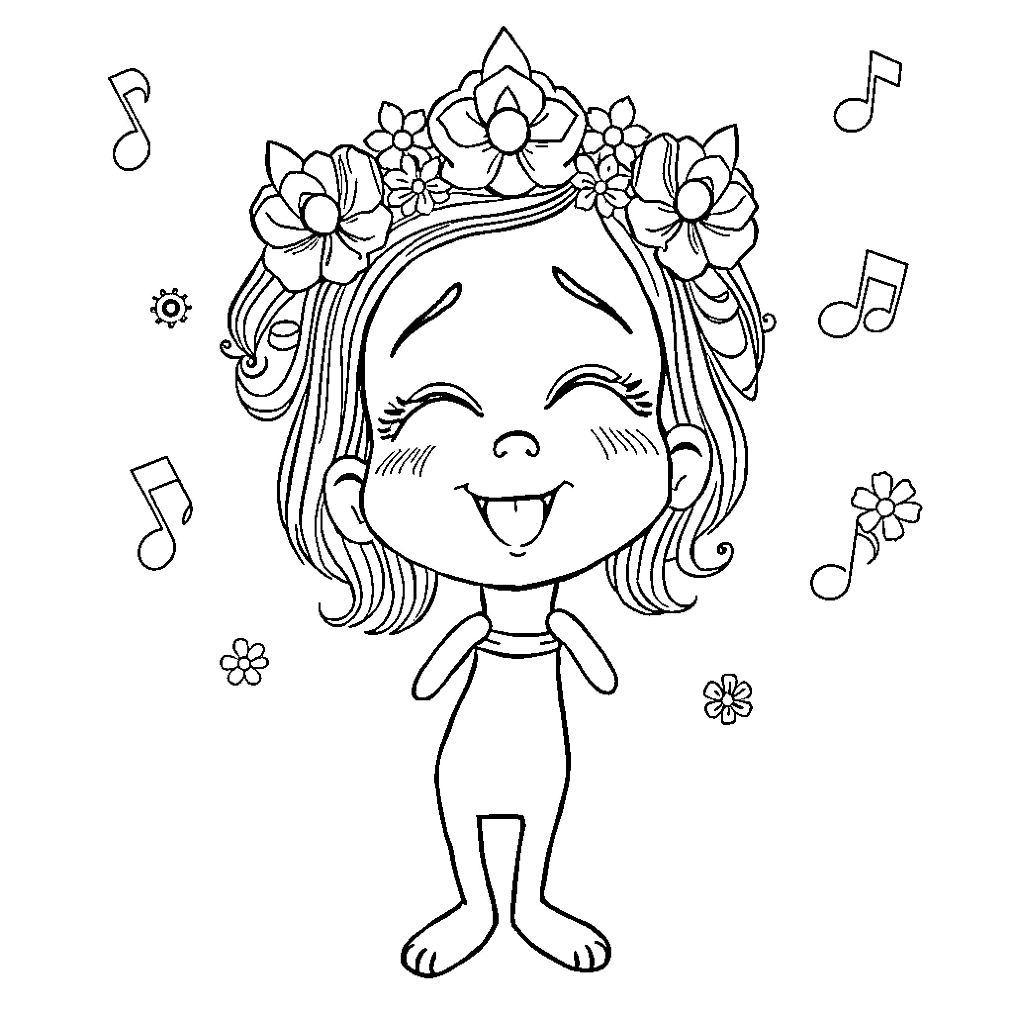 Nota Musical: Girl with Floral Crown Celebrating Music Coloring Page (free black-and-white line drawing printable PDF for all, from beginners to advanced learners, including children, teens, adults, and seniors)