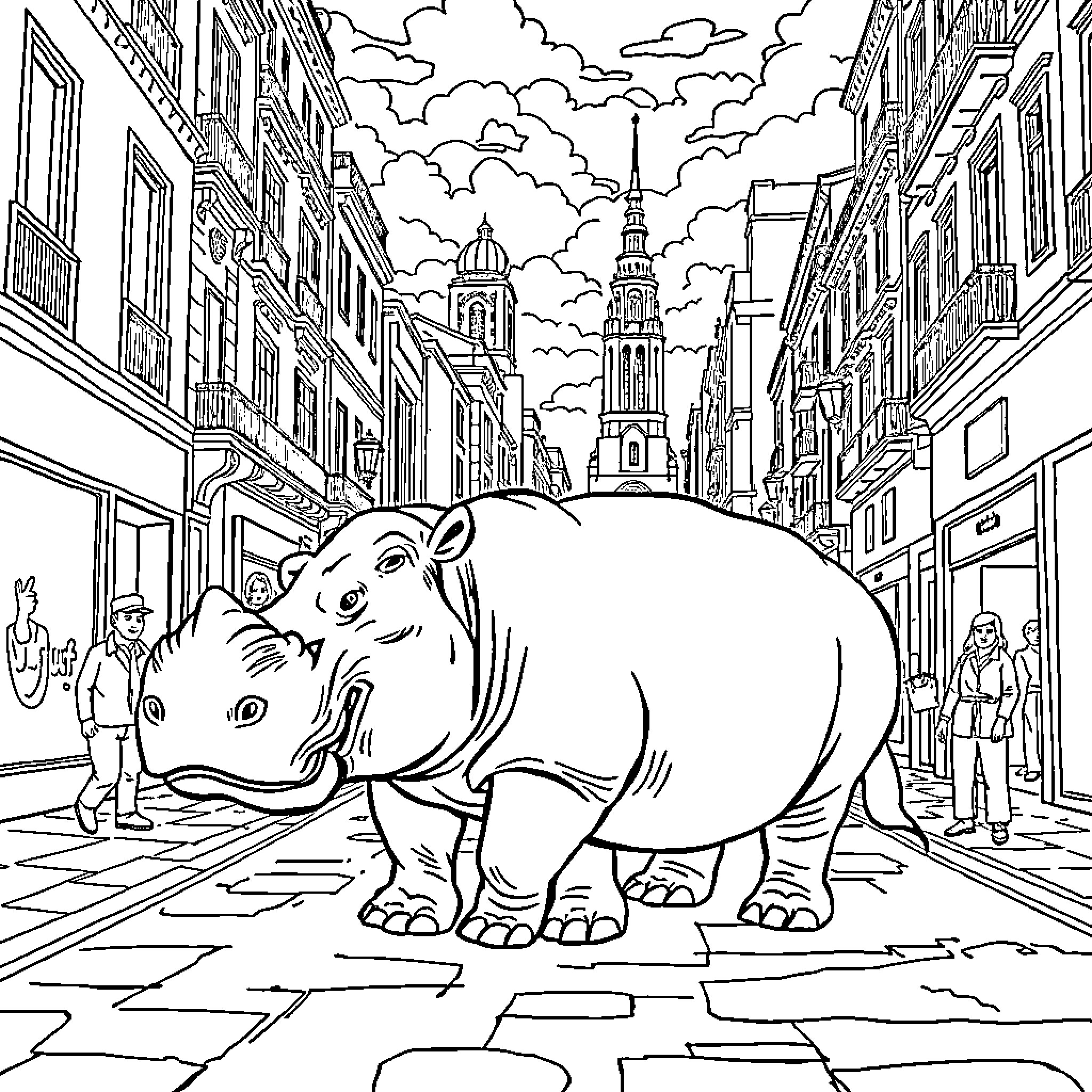 Hippopotamus roaming the busy city streets Coloring Page (free black-and-white line drawing printable PDF for all, from beginners to advanced learners, including children, teens, adults, and seniors)