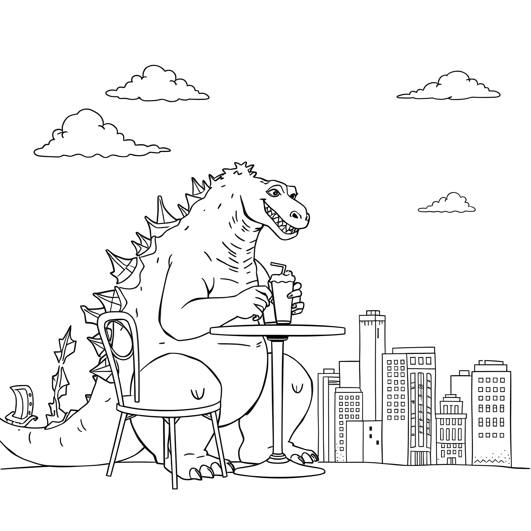 Godzilla enjoying a coffee break in the city Coloring Page (free black-and-white line drawing printable PDF for all, from beginners to advanced learners, including children, teens, adults, and seniors)