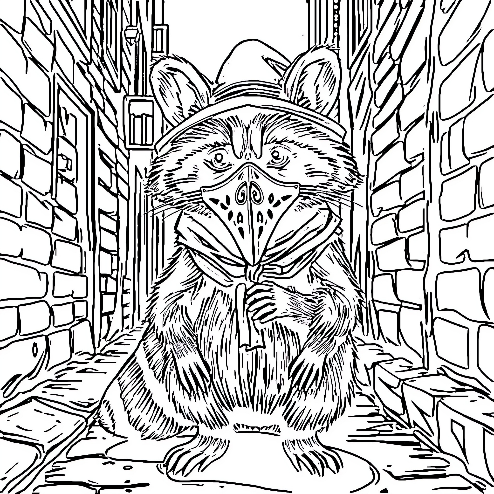Raccoon exploring the city alleyway Coloring Page (free black-and-white line drawing printable PDF for all, from beginners to advanced learners, including children, teens, adults, and seniors)