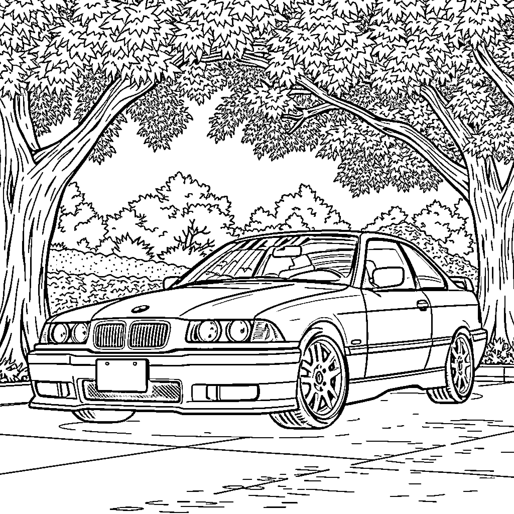 E36 BMW driving through the forest Coloring Page (free black-and-white line drawing printable PDF for all, from beginners to advanced learners, including children, teens, adults, and seniors)