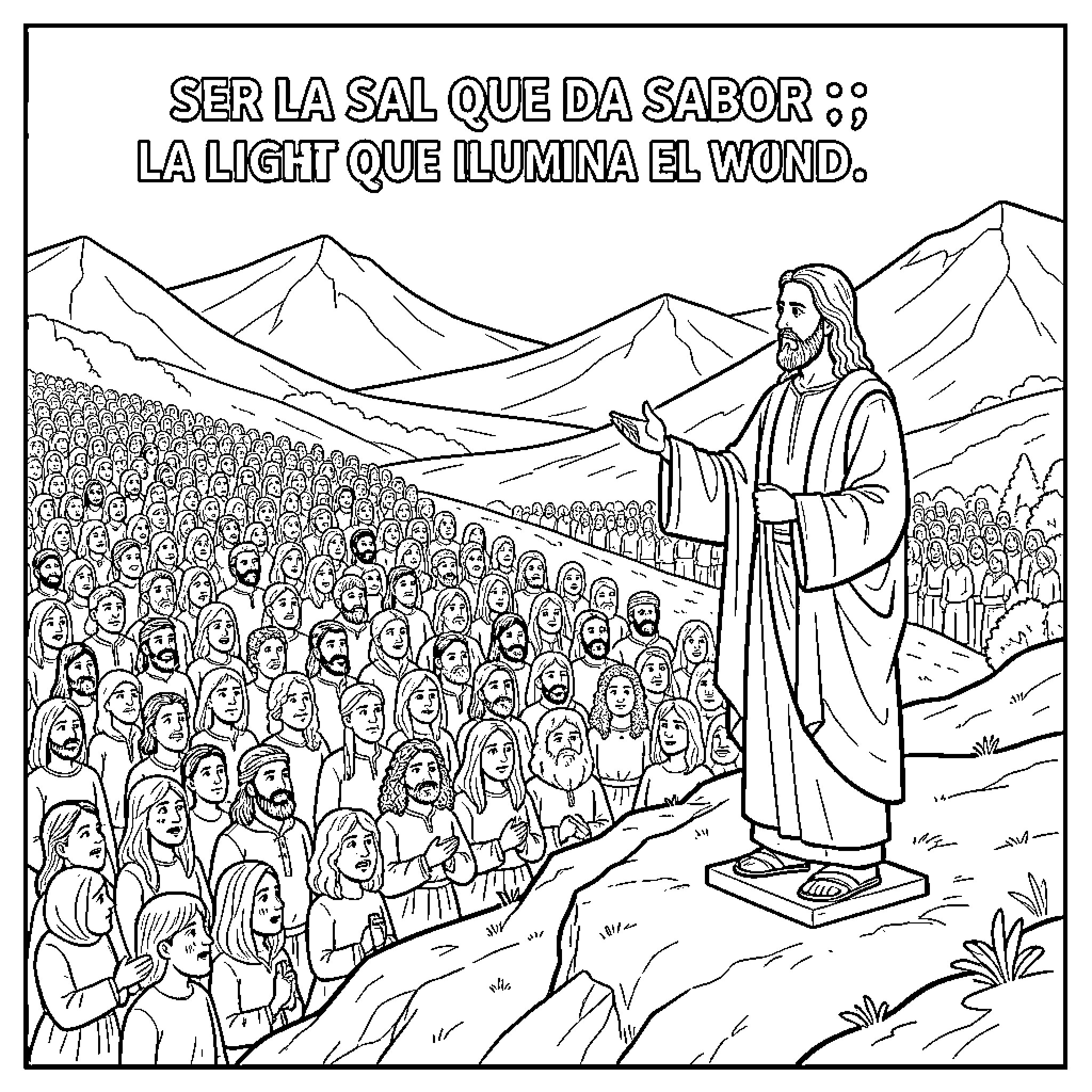 Jesucristo preaching to the multitude in the mountains Coloring Page (free black-and-white line drawing printable PDF for all, from beginners to advanced learners, including children, teens, adults, and seniors)