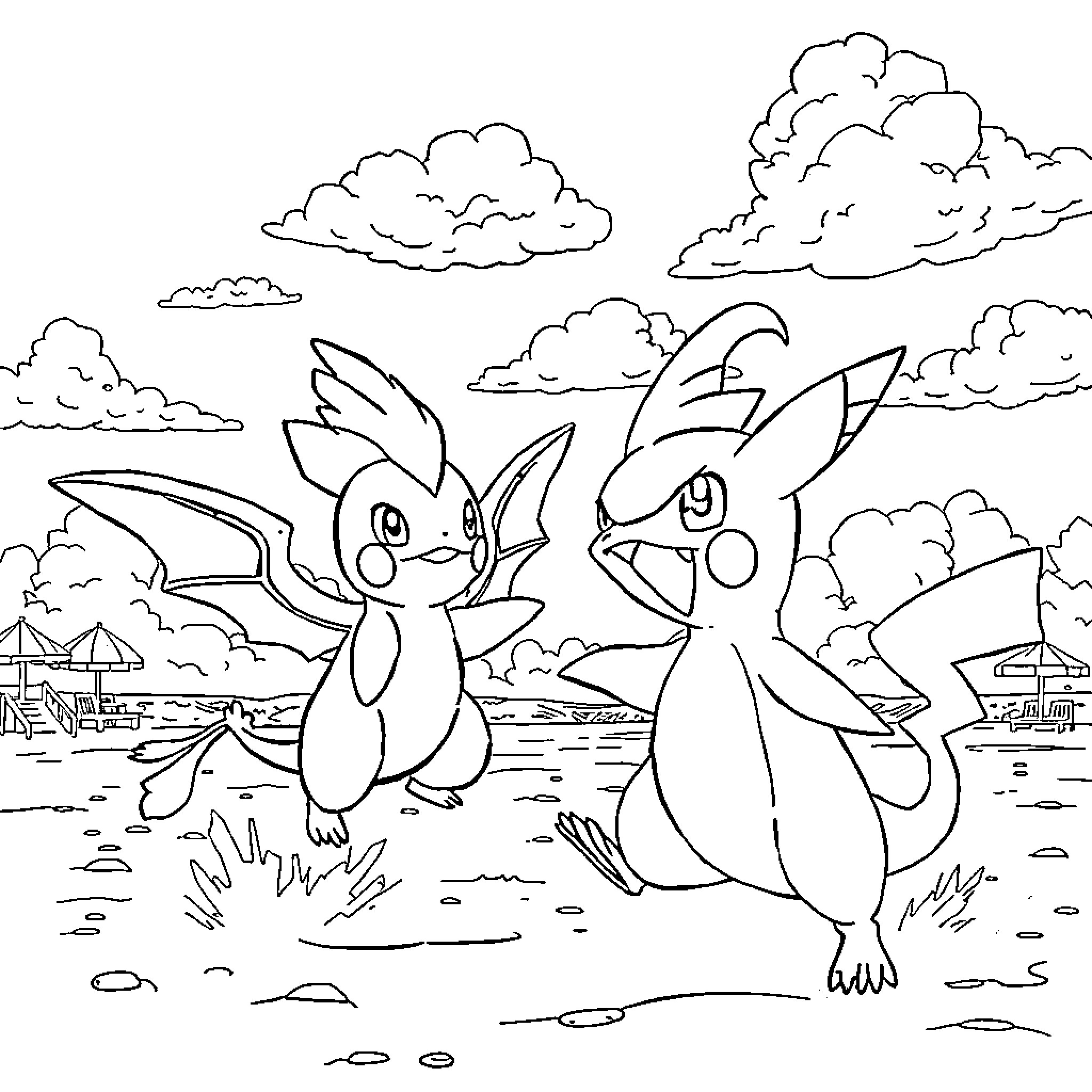 Pokémon Companions Exploring Scenic Landscape Coloring Page (free black-and-white line drawing printable PDF for all, from beginners to advanced learners, including children, teens, adults, and seniors)