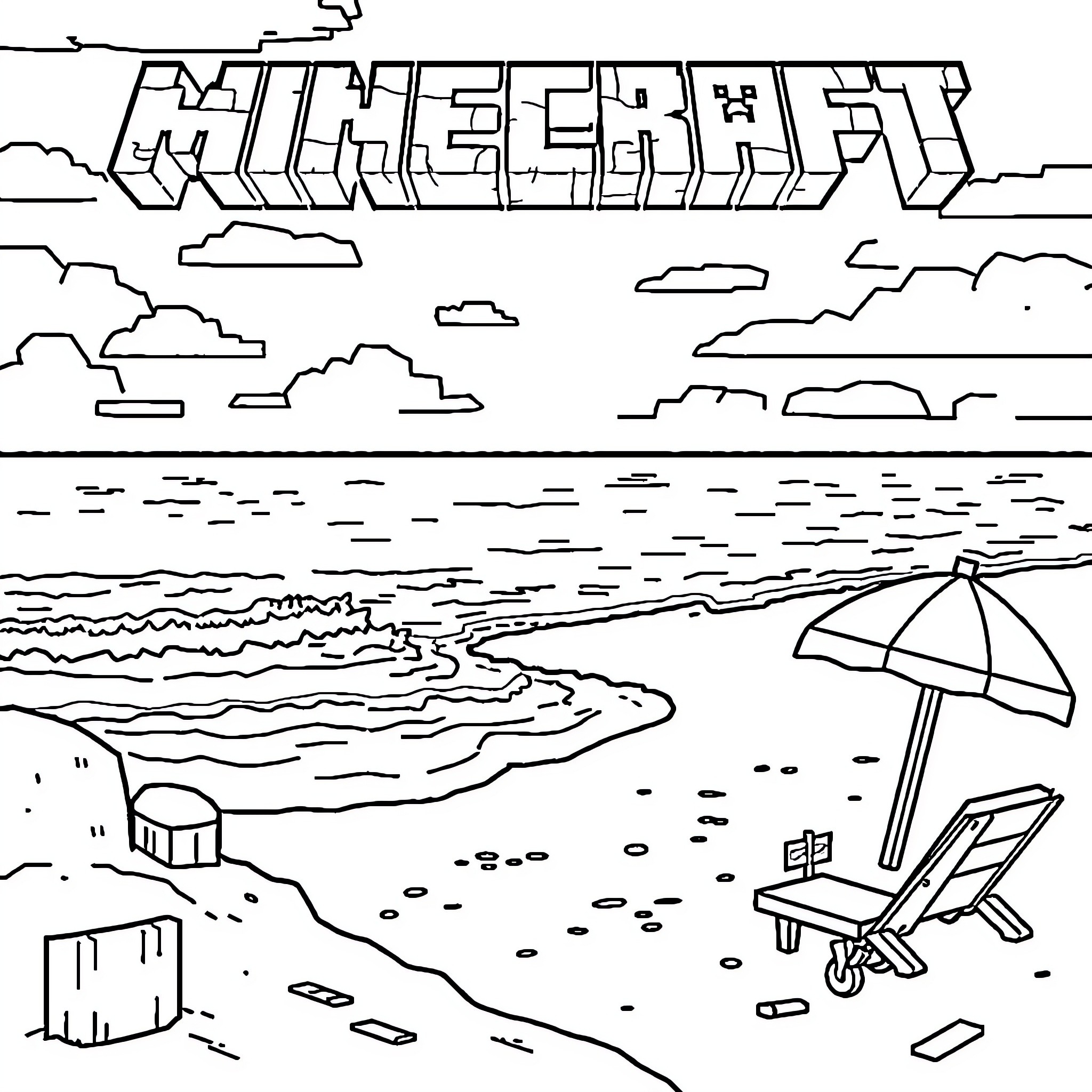 Minecraft beach scene with umbrella and chairs Coloring Page (free black-and-white line drawing printable PDF for all, from beginners to advanced learners, including children, teens, adults, and seniors)