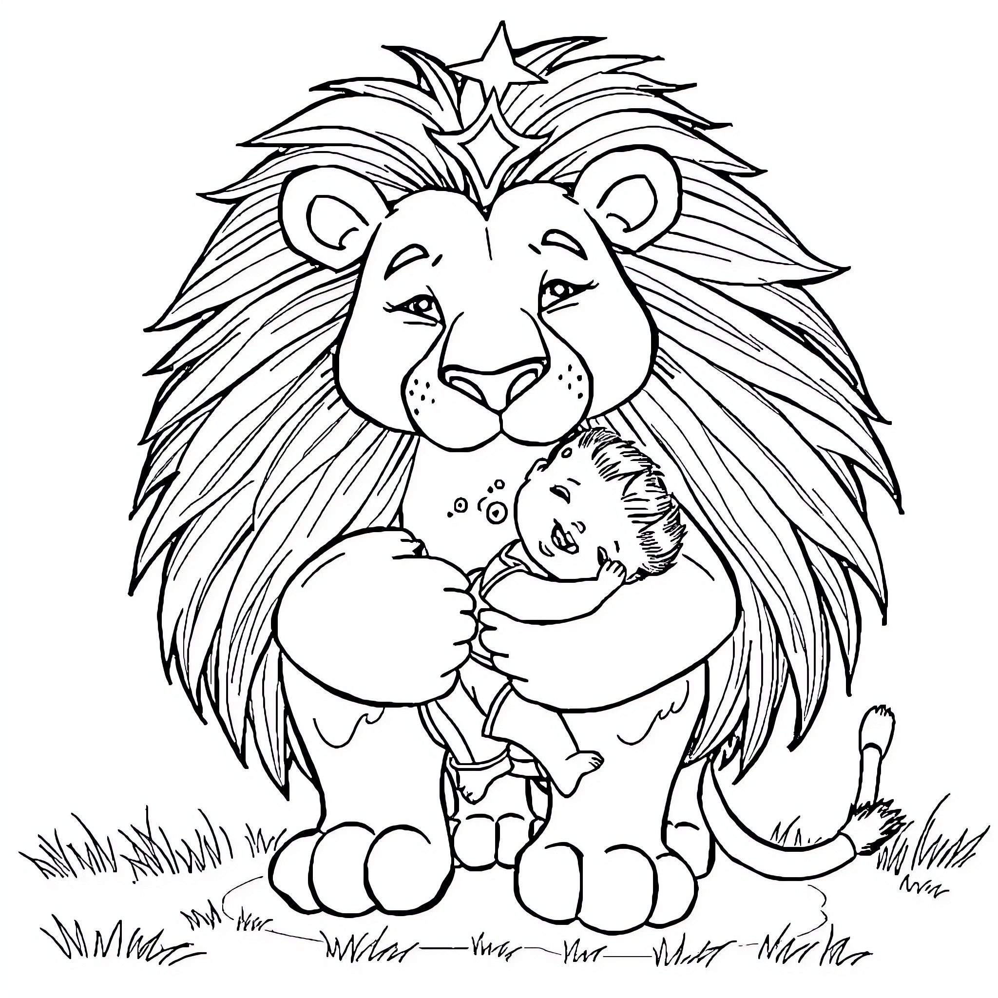 Lion caring for its cub in nature Coloring Page (free black-and-white line drawing printable PDF for all, from beginners to advanced learners, including children, teens, adults, and seniors)