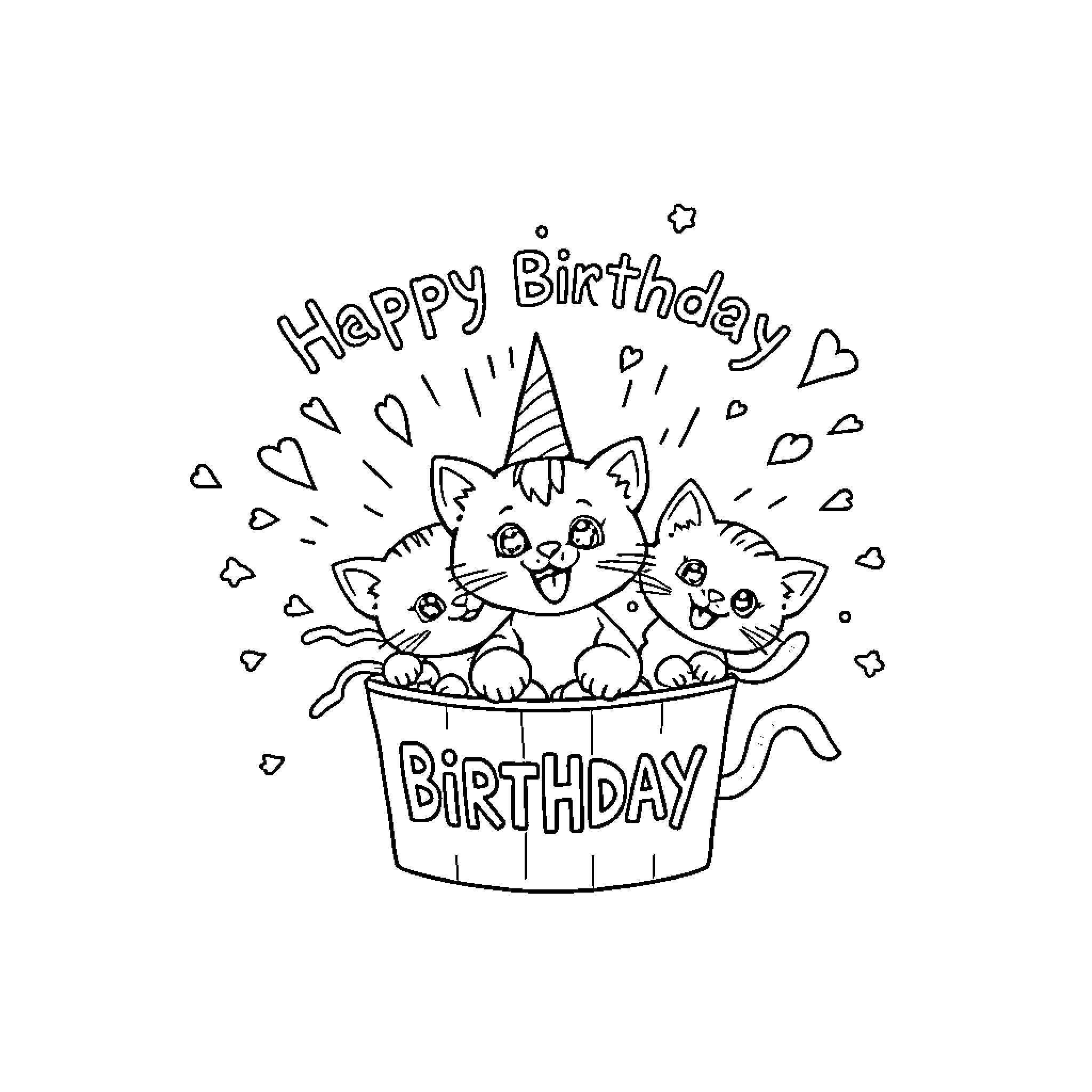 Kittens celebrating a happy birthday party Coloring Page (free black-and-white line drawing printable PDF for all, from beginners to advanced learners, including children, teens, adults, and seniors)