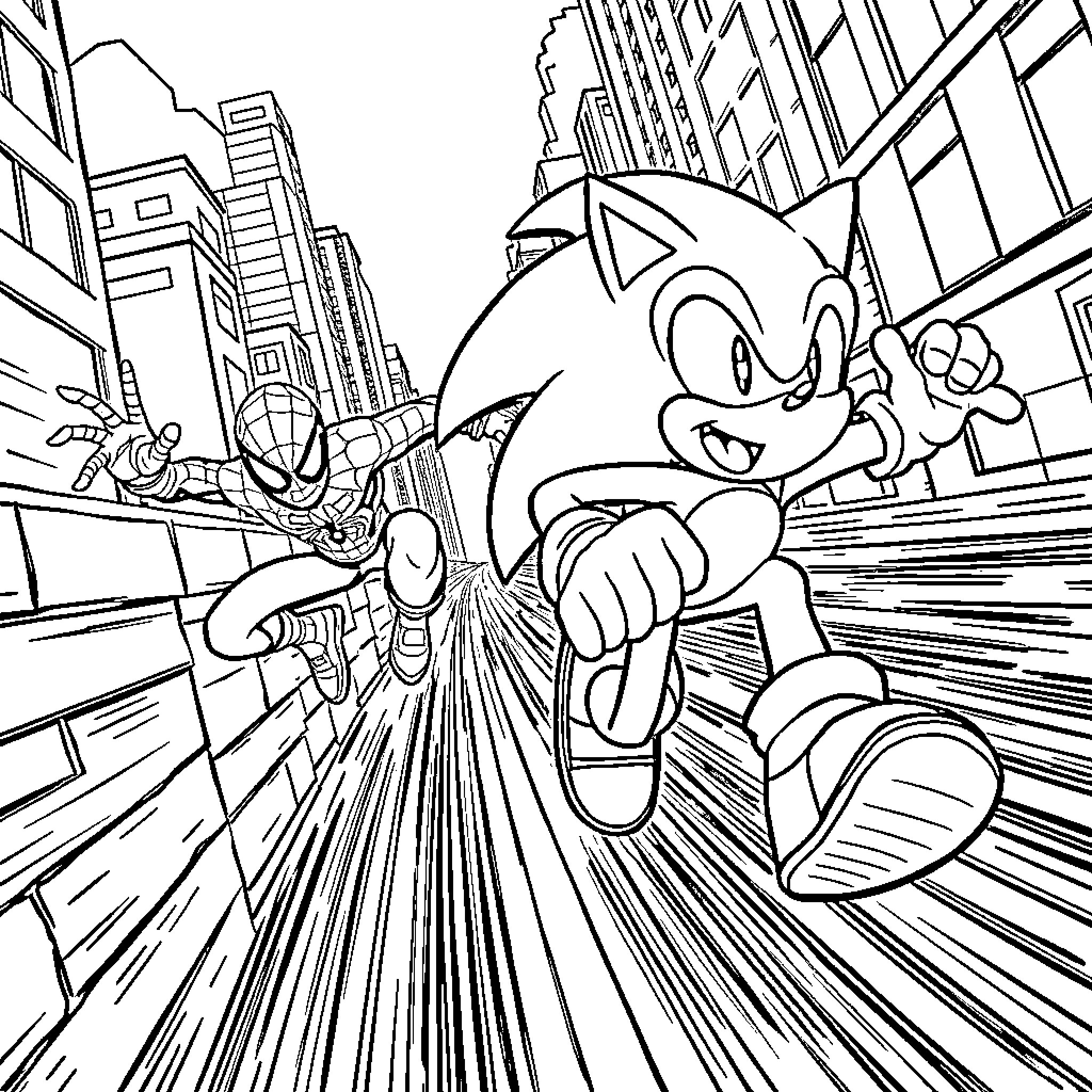 Sonic the Hedgehog speeding through the city Coloring Page (free black-and-white line drawing printable PDF for all, from beginners to advanced learners, including children, teens, adults, and seniors)