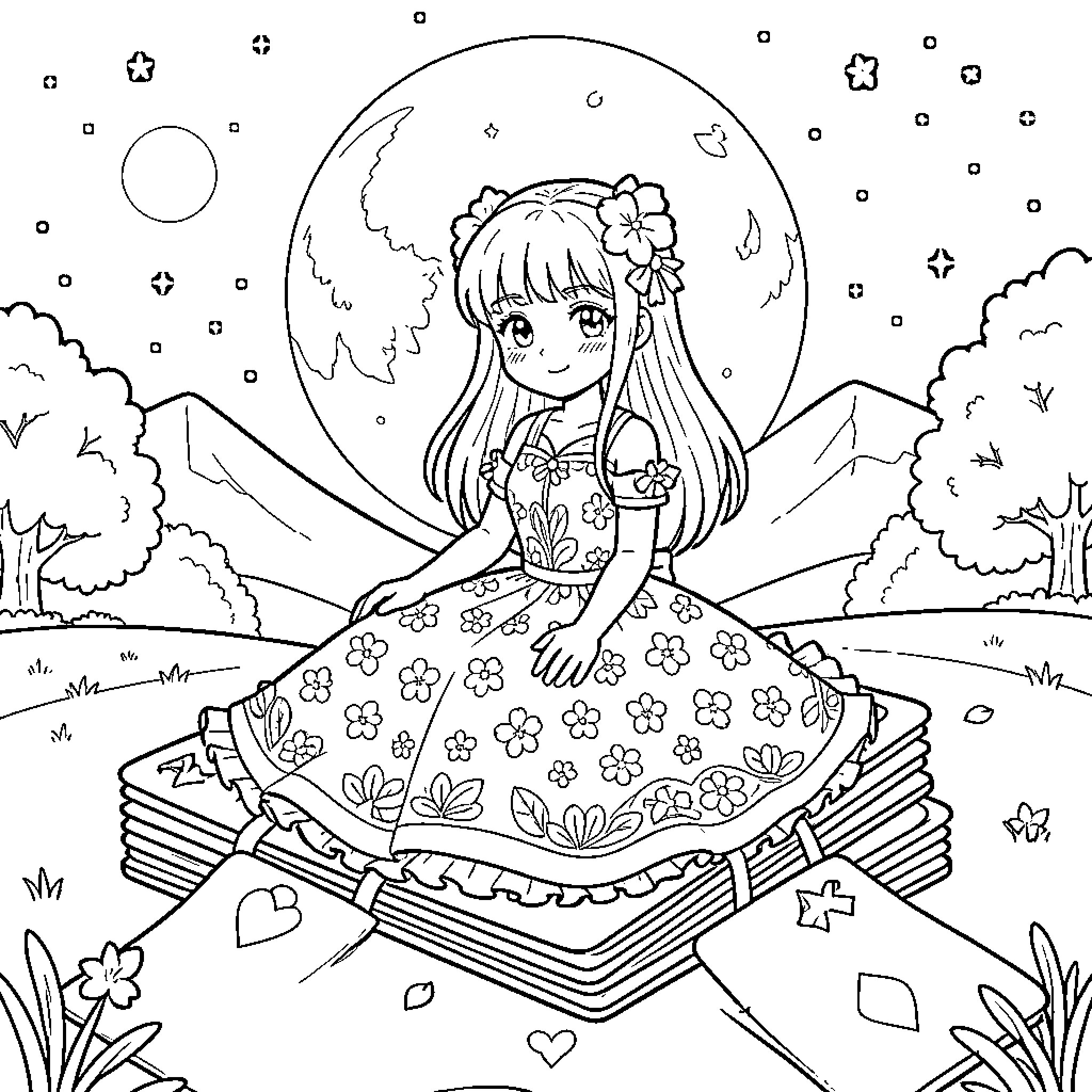 Sakura Maiden in Starry Night Landscape Coloring Page (free black-and-white line drawing printable PDF for all, from beginners to advanced learners, including children, teens, adults, and seniors)
