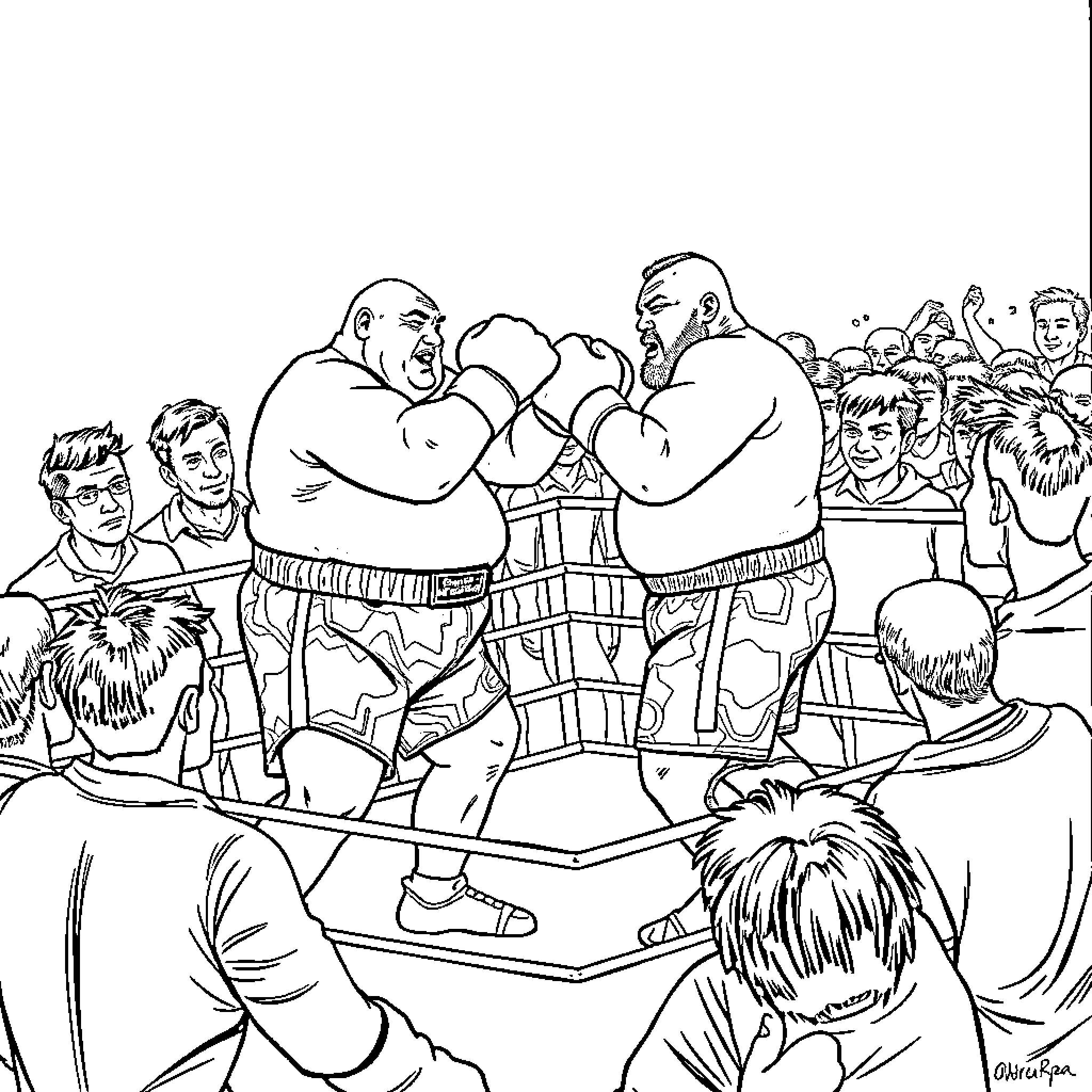 Boxing Match with Intense Expressions and Outfits Coloring Page (free black-and-white line drawing printable PDF for all, from beginners to advanced learners, including children, teens, adults, and seniors)