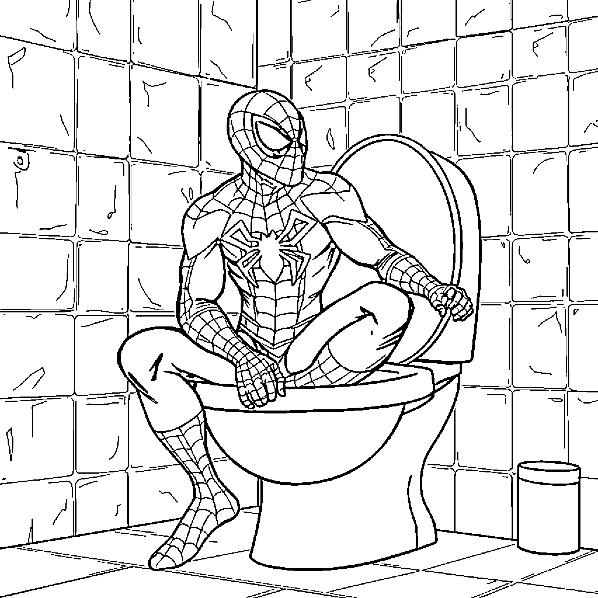 Spider-Man Relaxes on the Porcelain Throne Coloring Page (free black-and-white line drawing printable PDF for all, from beginners to advanced learners, including children, teens, adults, and seniors)