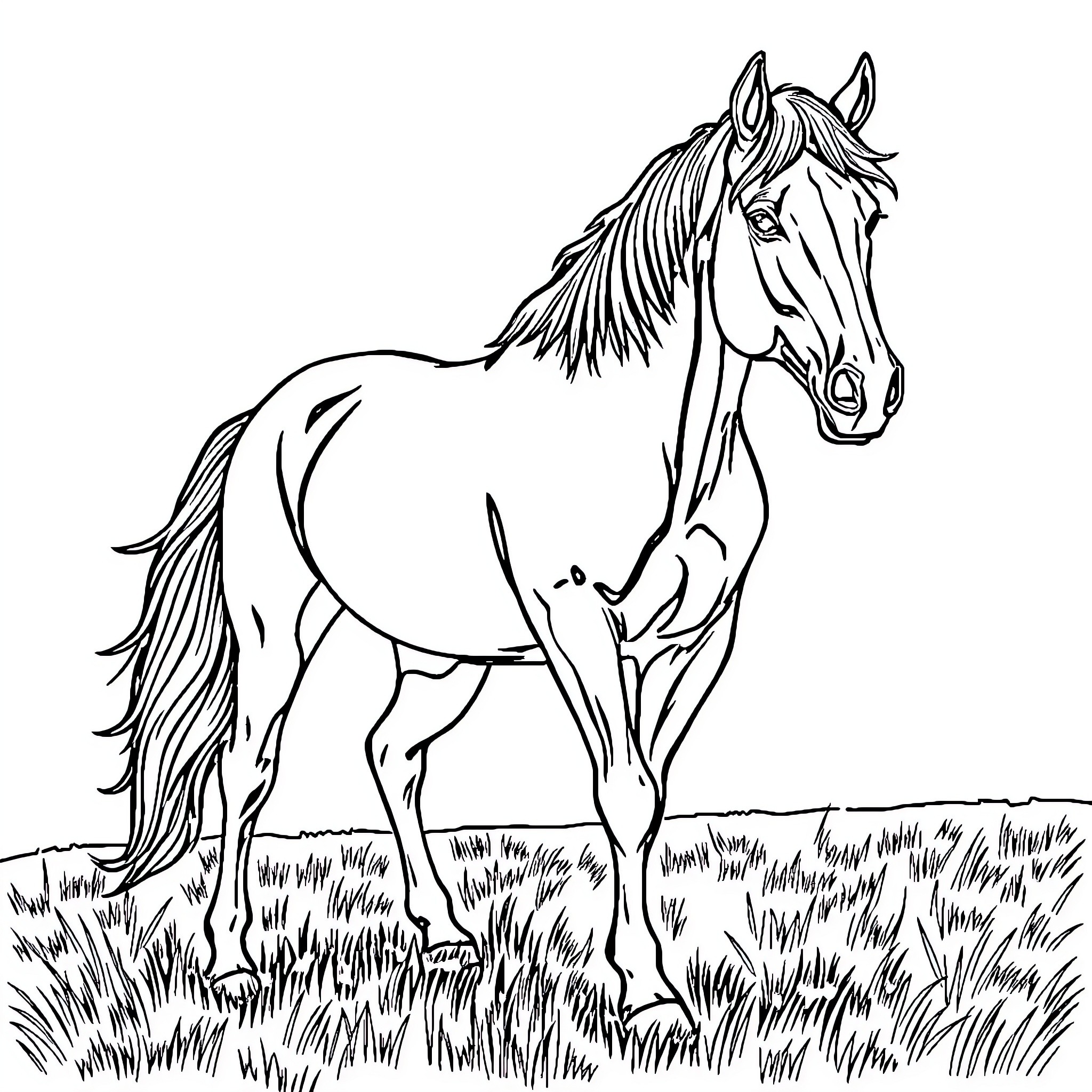 Mustang standing proudly in the field Coloring Page (free black-and-white line drawing printable PDF for all, from beginners to advanced learners, including children, teens, adults, and seniors)