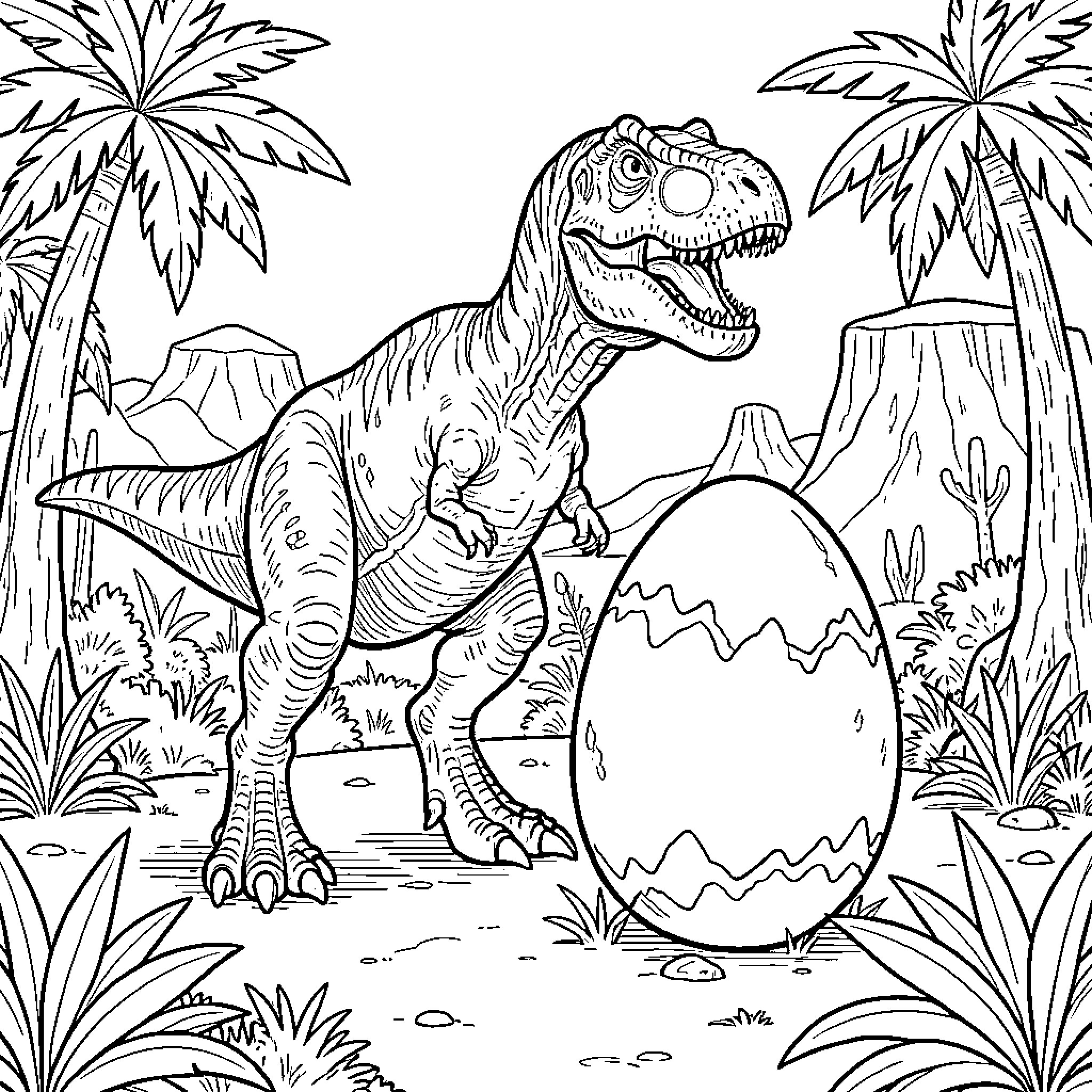 T-Rex standing near a large dinosaur egg Coloring Page (free black-and-white line drawing printable PDF for all, from beginners to advanced learners, including children, teens, adults, and seniors)