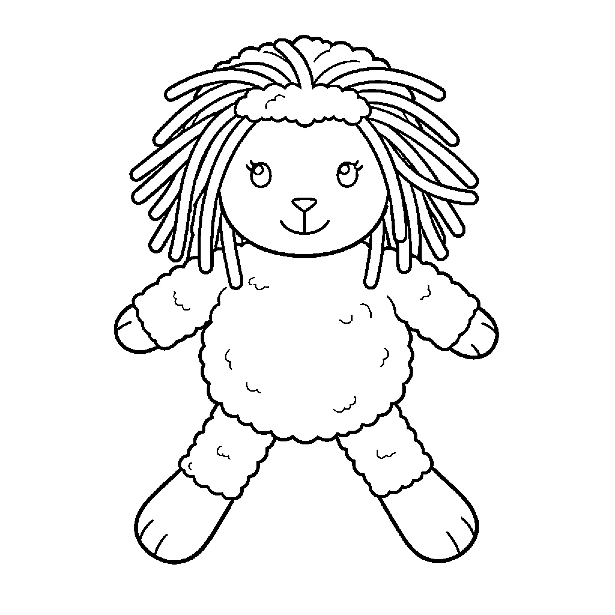 Sheep plush toy with fluffy yarn hair Coloring Page (free black-and-white line drawing printable PDF for all, from beginners to advanced learners, including children, teens, adults, and seniors)
