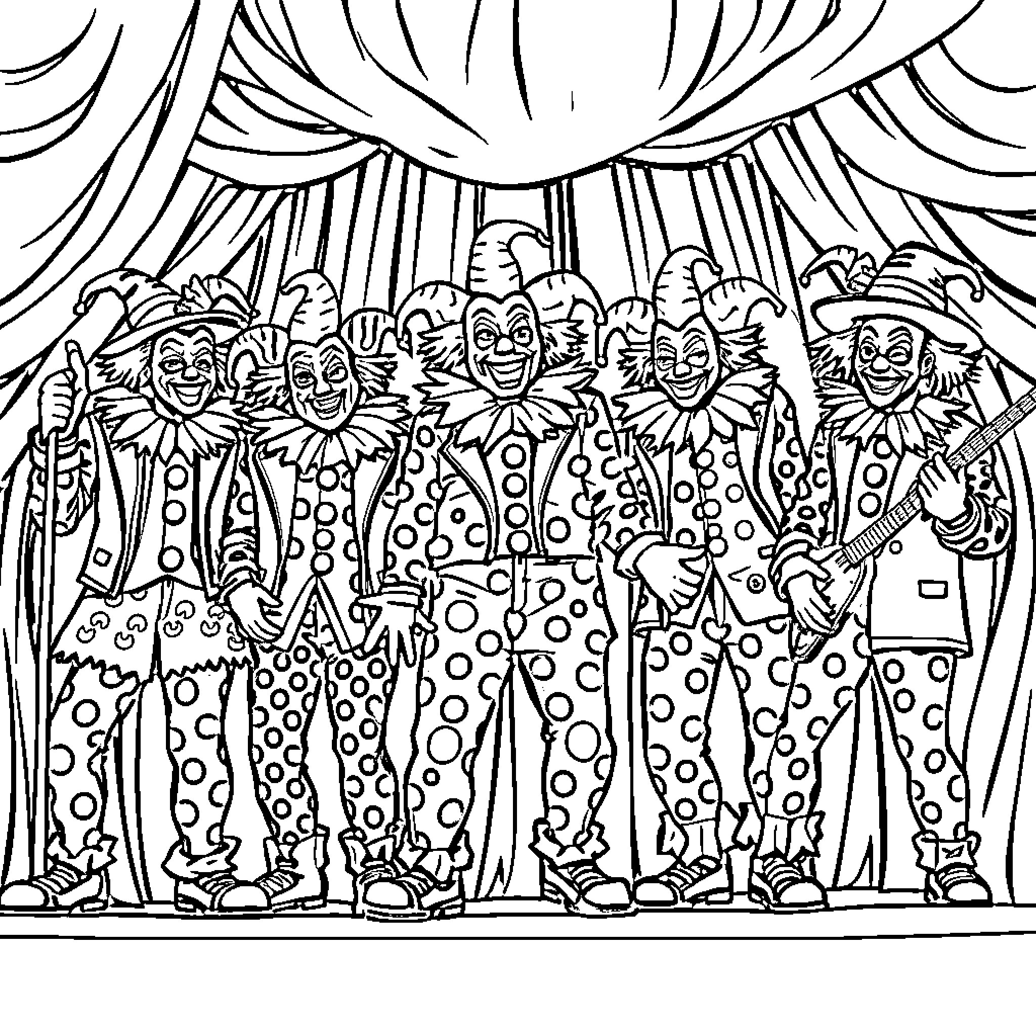 Clown performers on stage in colorful costumes Coloring Page (free black-and-white line drawing printable PDF for all, from beginners to advanced learners, including children, teens, adults, and seniors)
