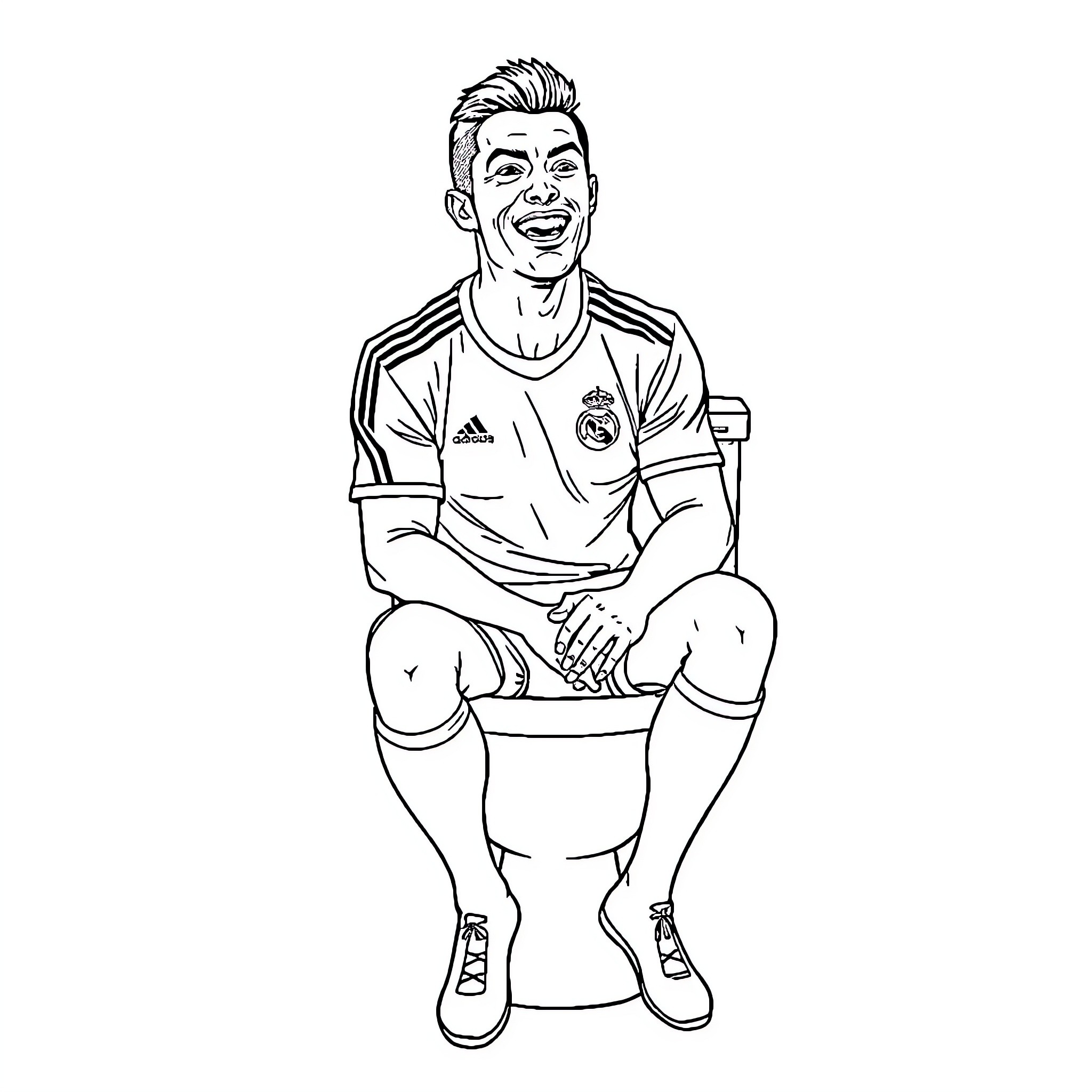 Cristiano Ronaldo smiling in soccer uniform Coloring Page (free black-and-white line drawing printable PDF for all, from beginners to advanced learners, including children, teens, adults, and seniors)