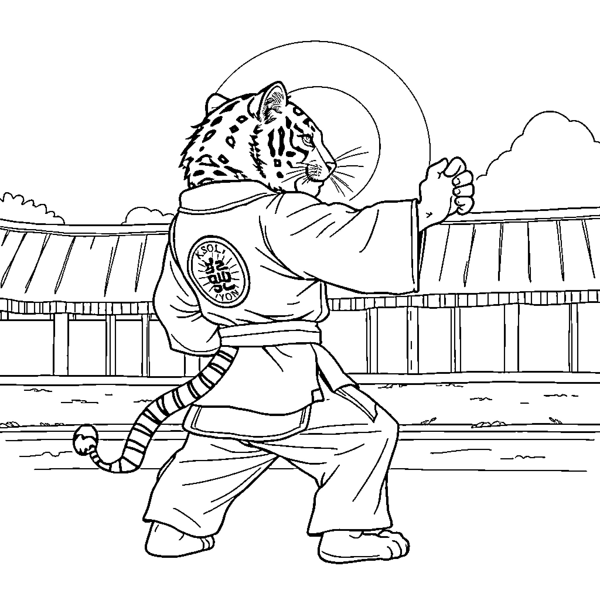 Tiger Warrior Stands Tall in Martial Arts Pose Coloring Page (free black-and-white line drawing printable PDF for all, from beginners to advanced learners, including children, teens, adults, and seniors)