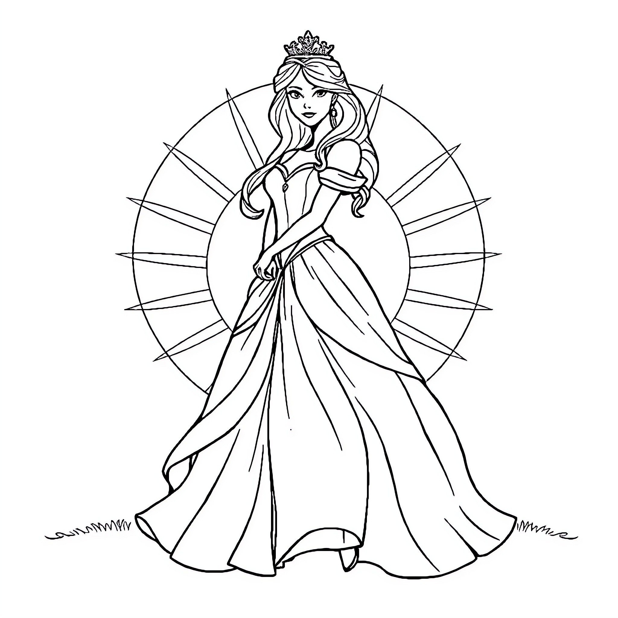 Princess in elegant ballgown posing regally Coloring Page (free black-and-white line drawing printable PDF for all, from beginners to advanced learners, including children, teens, adults, and seniors)