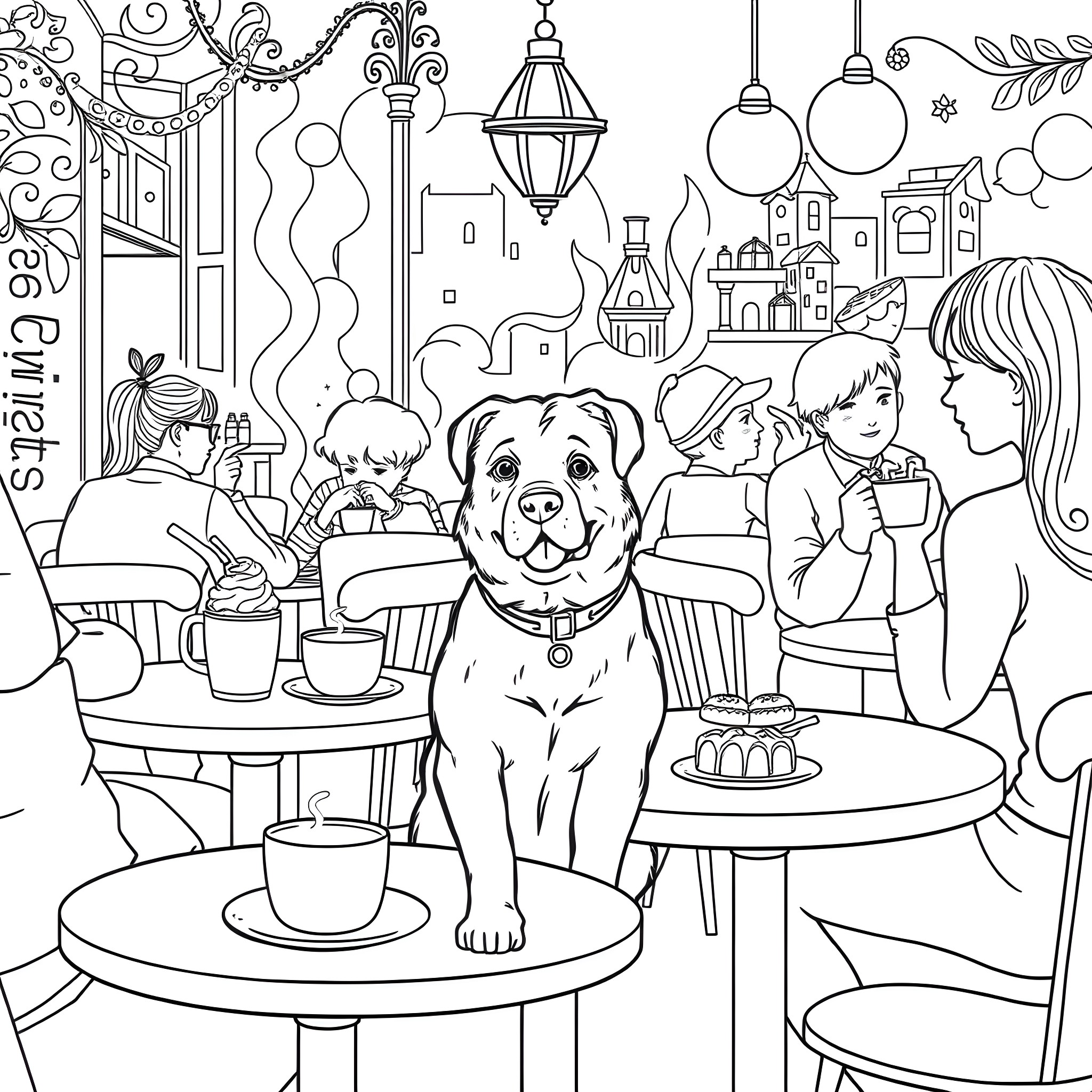 Dog socializing at a cozy cafe Coloring Page (free black-and-white line drawing printable PDF for all, from beginners to advanced learners, including children, teens, adults, and seniors)