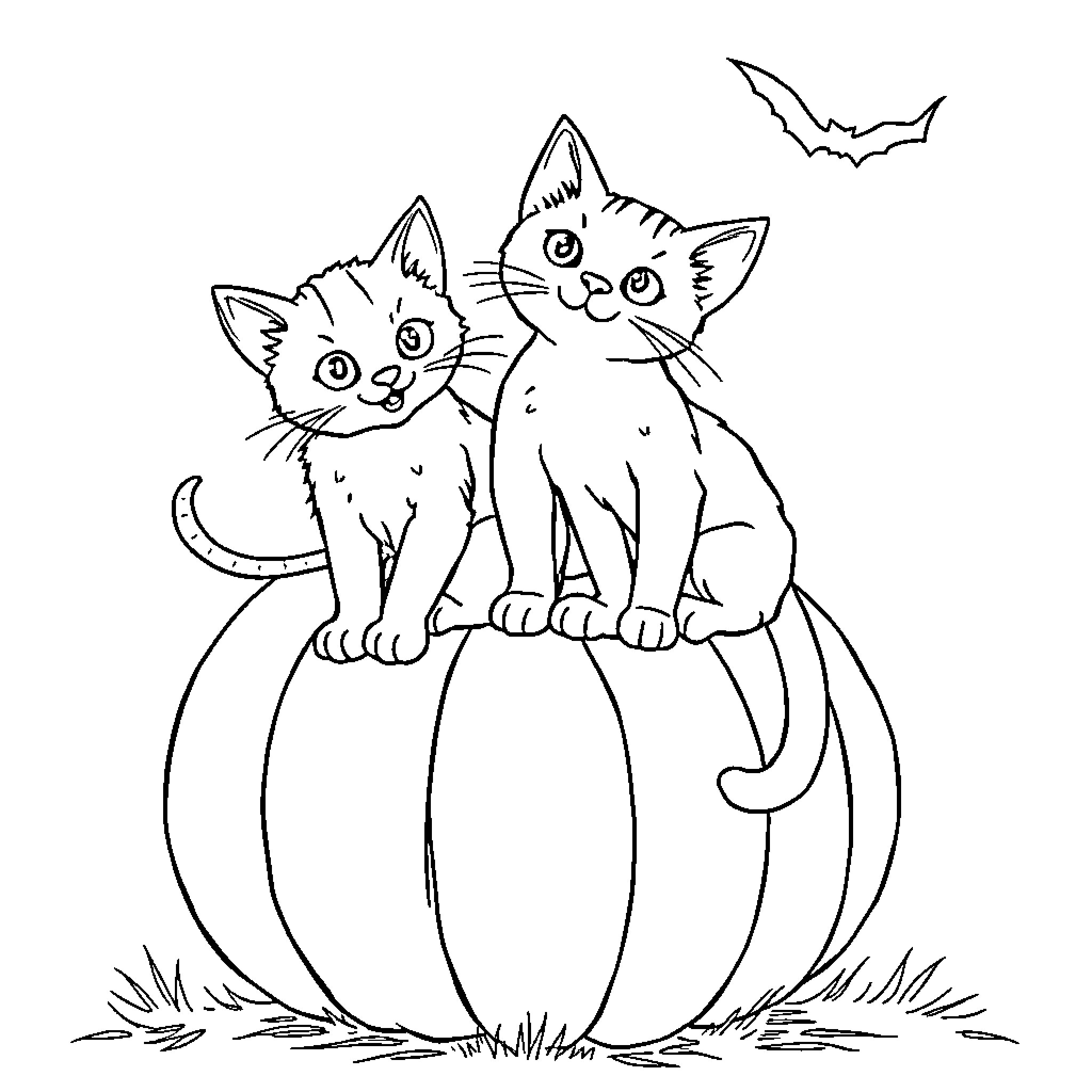 Cat Kittens Perched on Pumpkin Coloring Page (free black-and-white line drawing printable PDF for all, from beginners to advanced learners, including children, teens, adults, and seniors)