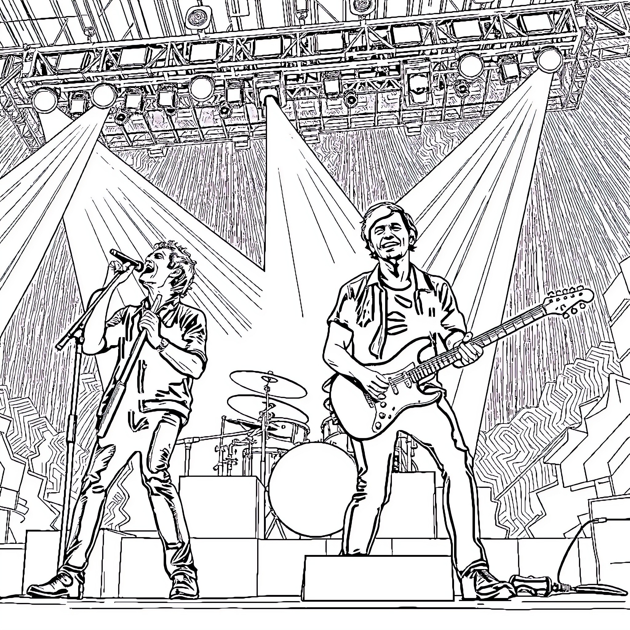 U2 Band Members Performing on Stage Coloring Page (free black-and-white line drawing printable PDF for all, from beginners to advanced learners, including children, teens, adults, and seniors)