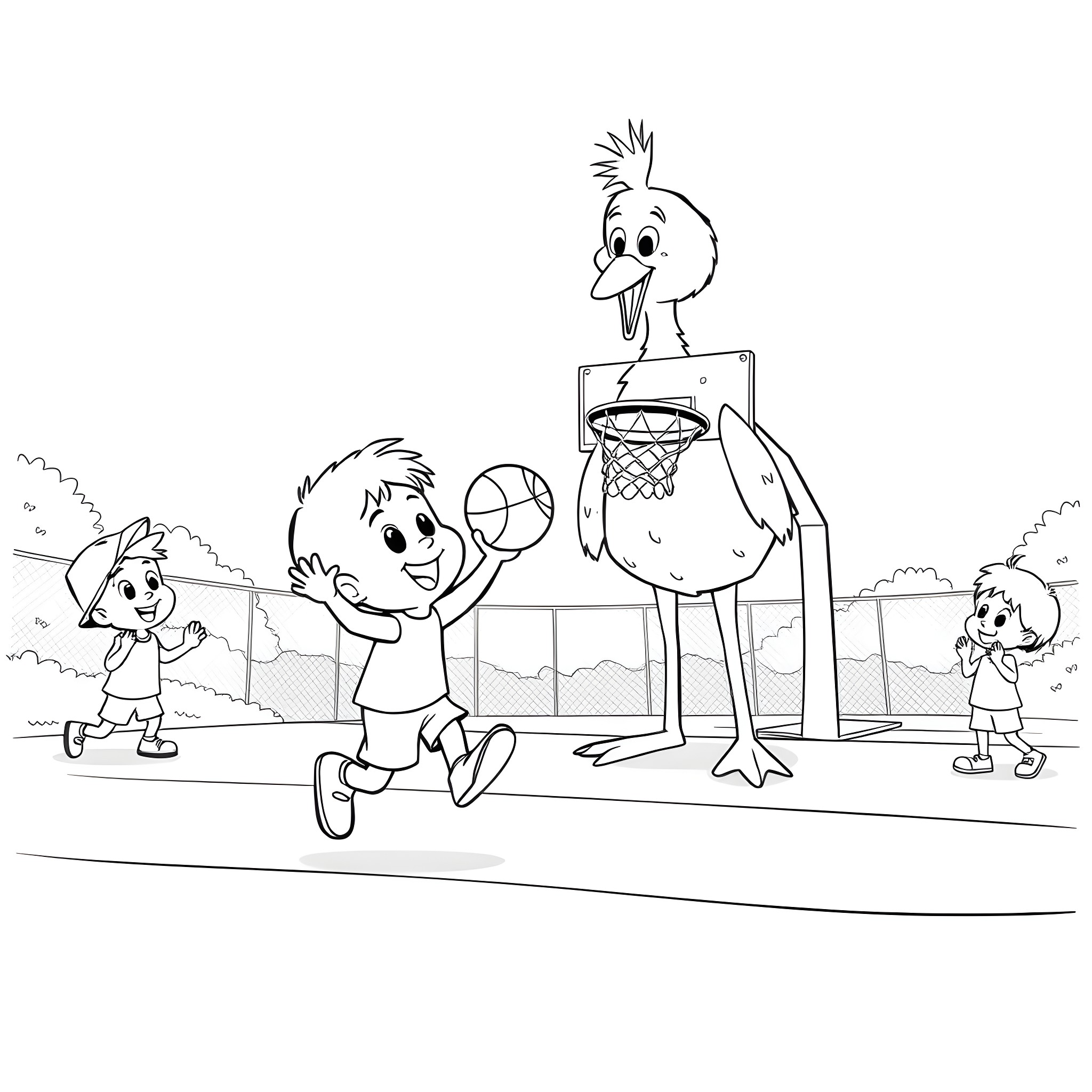 Pocoyo playing basketball with friends Coloring Page (free black-and-white line drawing printable PDF for all, from beginners to advanced learners, including children, teens, adults, and seniors)