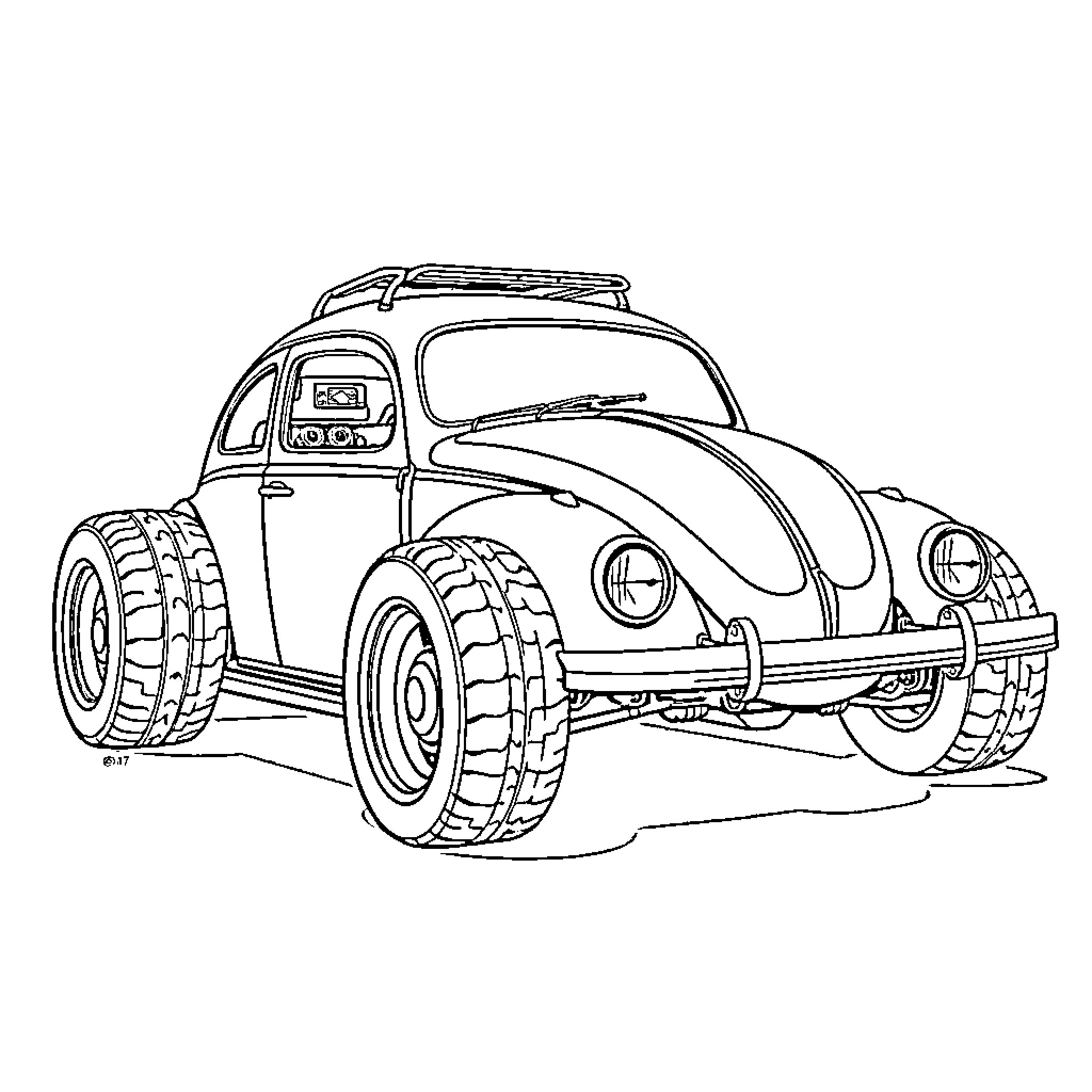 VW Beetle off-roading adventure Coloring Page (free black-and-white line drawing printable PDF for all, from beginners to advanced learners, including children, teens, adults, and seniors)