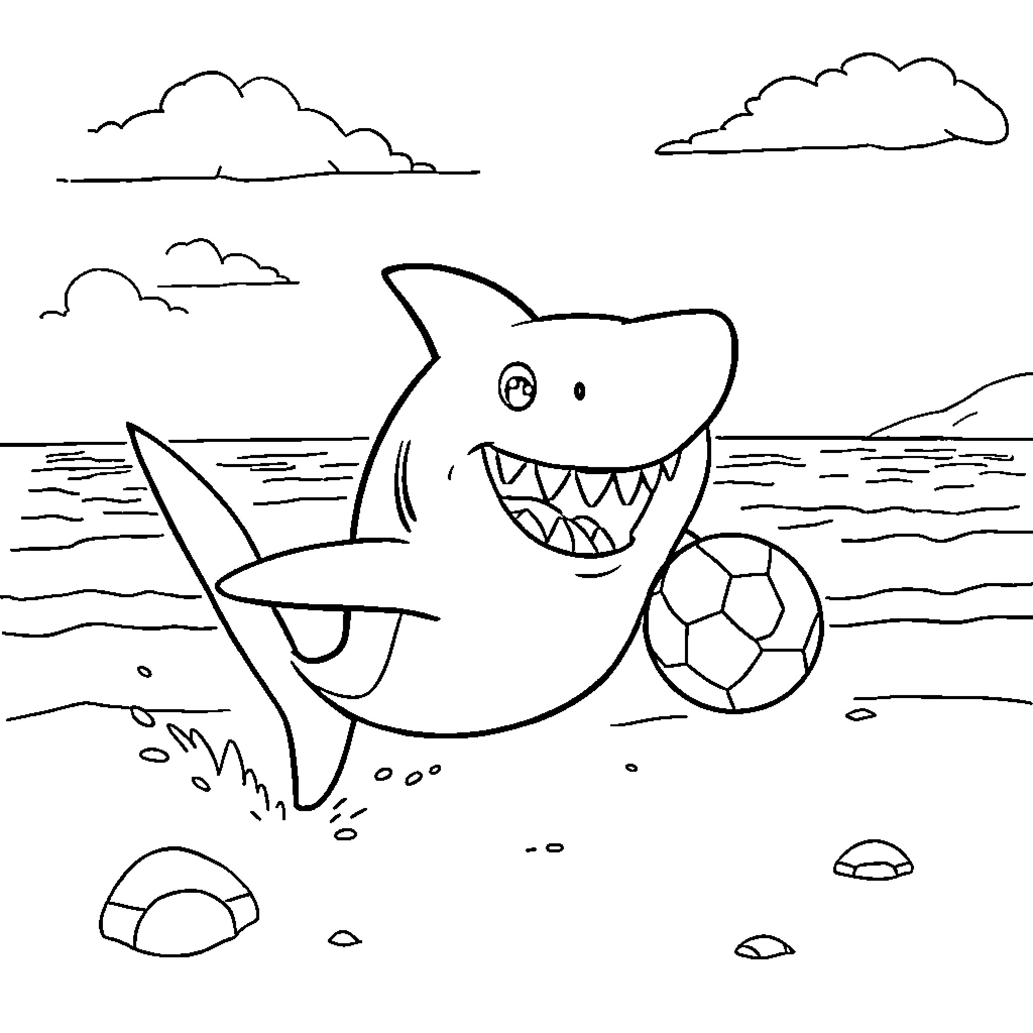 Shark playing with beach ball on the shore Coloring Page (free black-and-white line drawing printable PDF for all, from beginners to advanced learners, including children, teens, adults, and seniors)