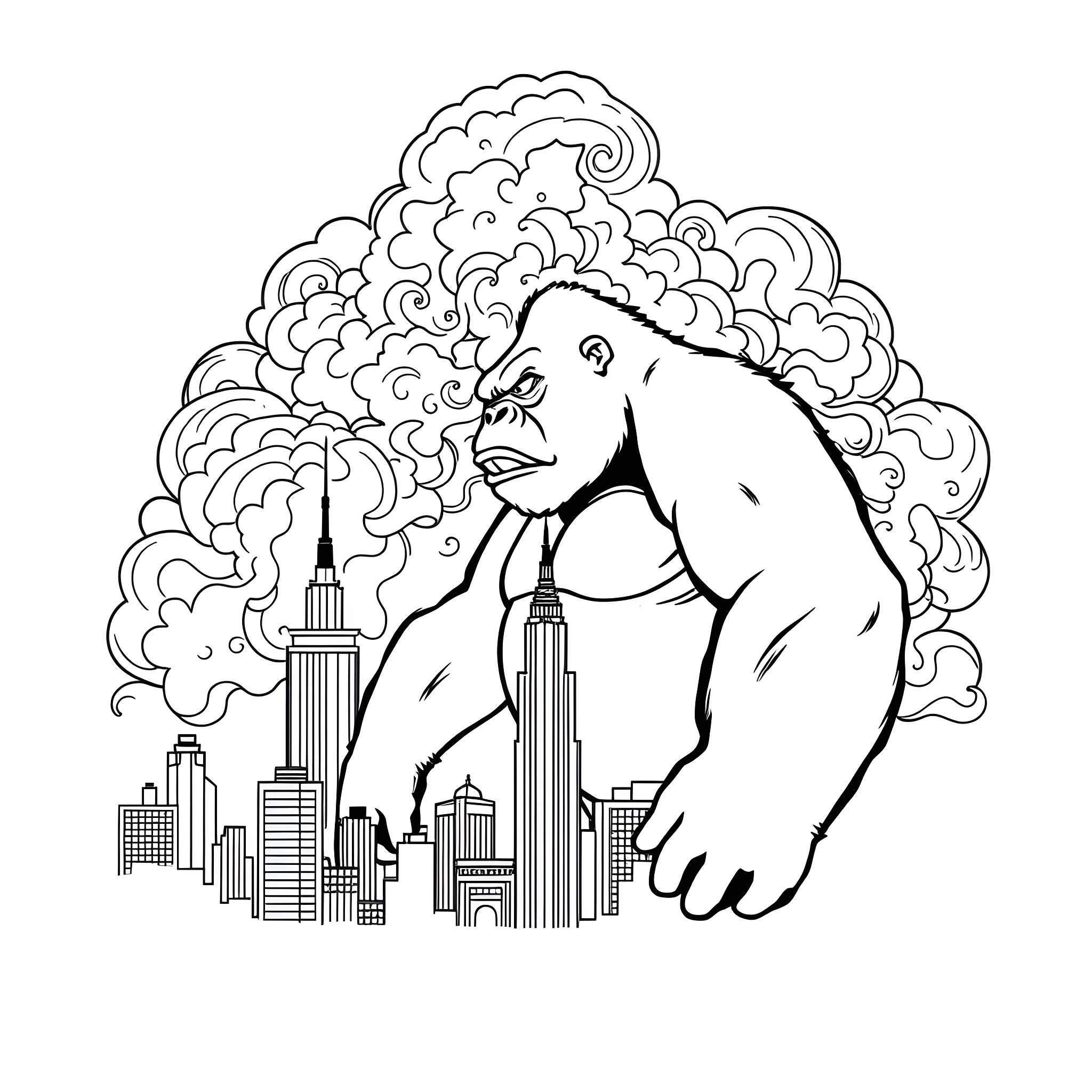 King Kong roaring over the city skyline Coloring Page (free black-and-white line drawing printable PDF for all, from beginners to advanced learners, including children, teens, adults, and seniors)
