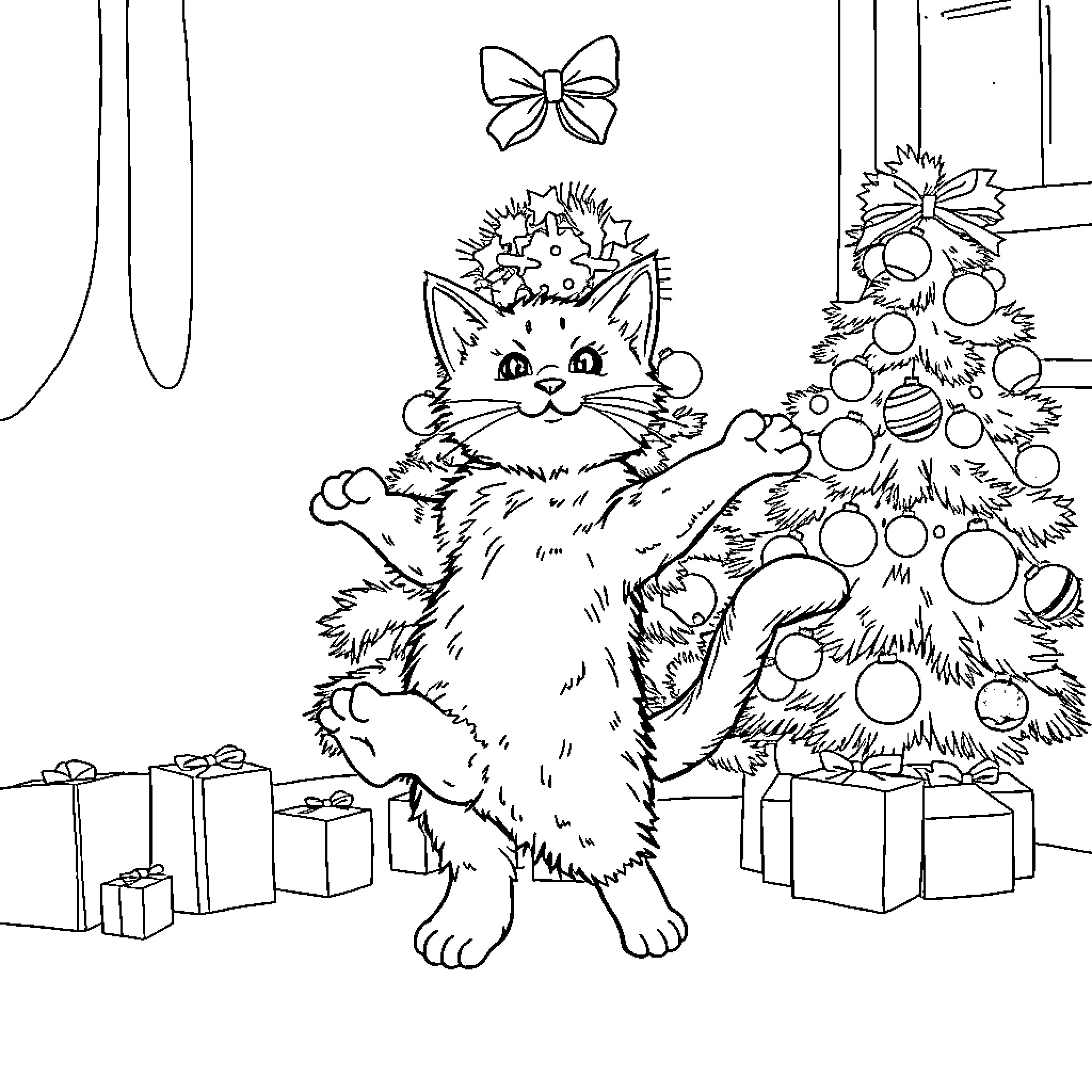 Cat decorating festive Christmas tree Coloring Page (free black-and-white line drawing printable PDF for all, from beginners to advanced learners, including children, teens, adults, and seniors)