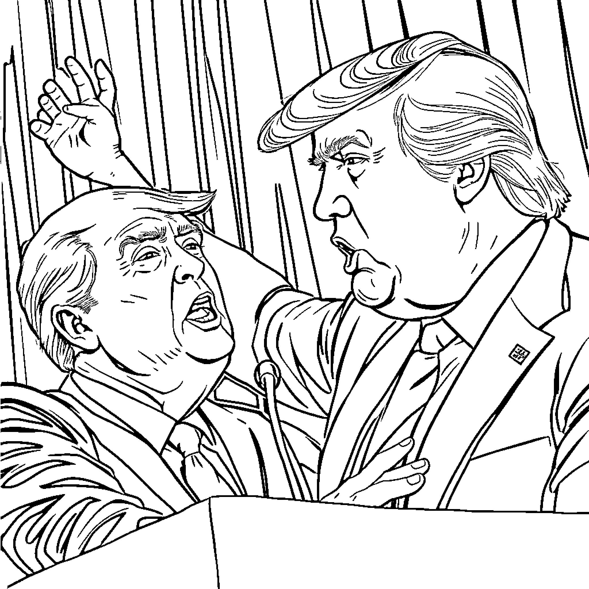 Trump Arguing with Political Opponent on Stage Coloring Page (free black-and-white line drawing printable PDF for all, from beginners to advanced learners, including children, teens, adults, and seniors)