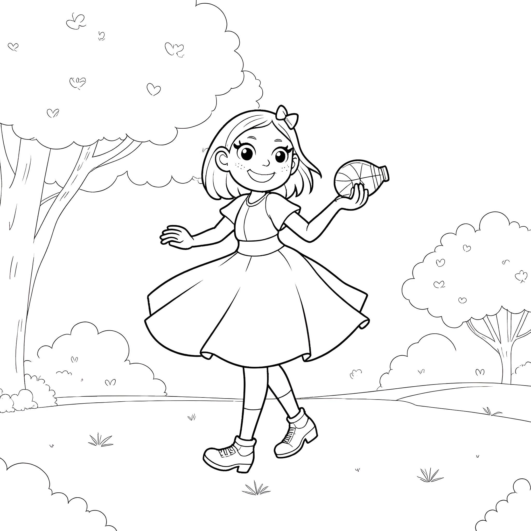 Girl dancing happily in the park Coloring Page (free black-and-white line drawing printable PDF for all, from beginners to advanced learners, including children, teens, adults, and seniors)