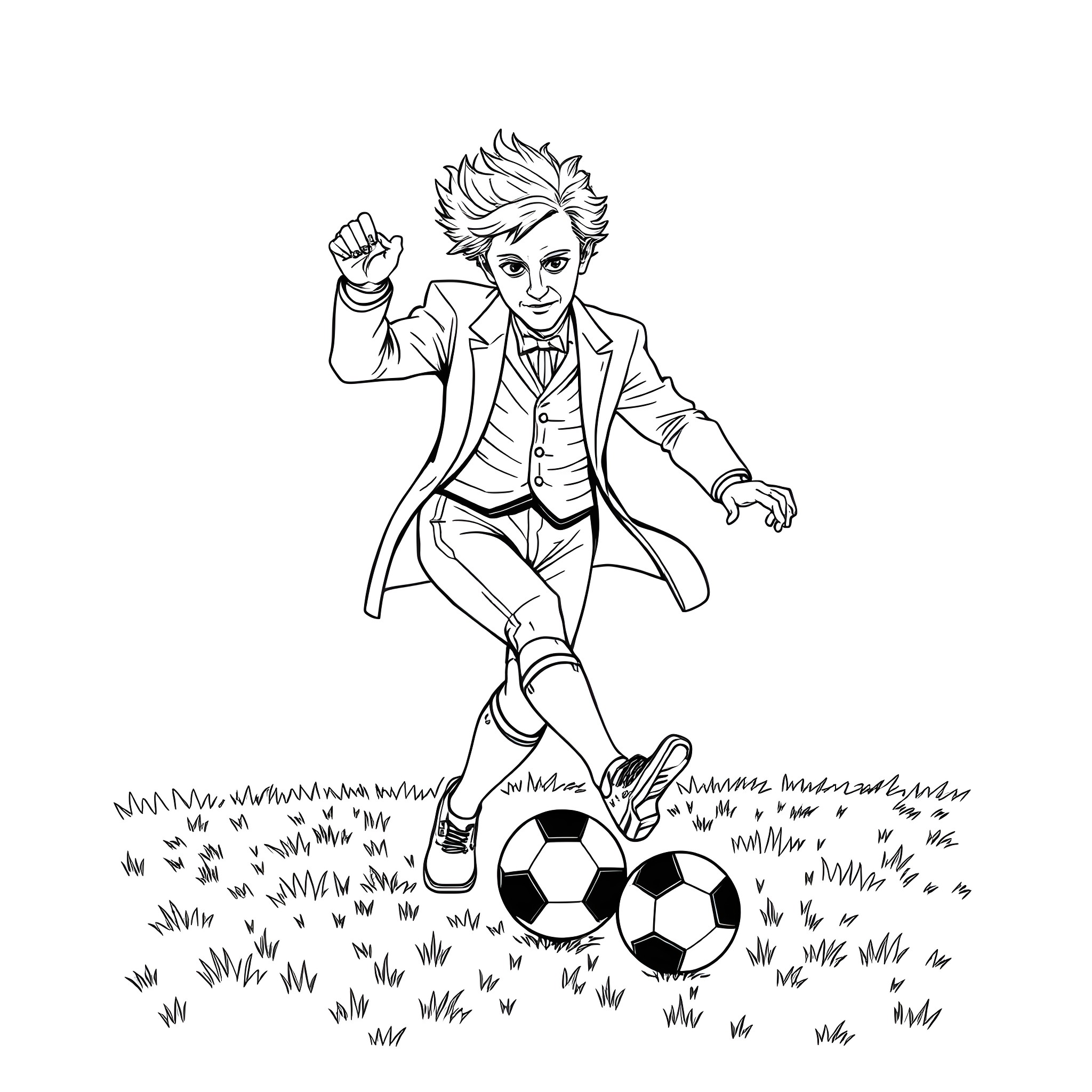 Dr. Who Playing Soccer Playfully in the Meadow Coloring Page (free black-and-white line drawing printable PDF for all, from beginners to advanced learners, including children, teens, adults, and seniors)