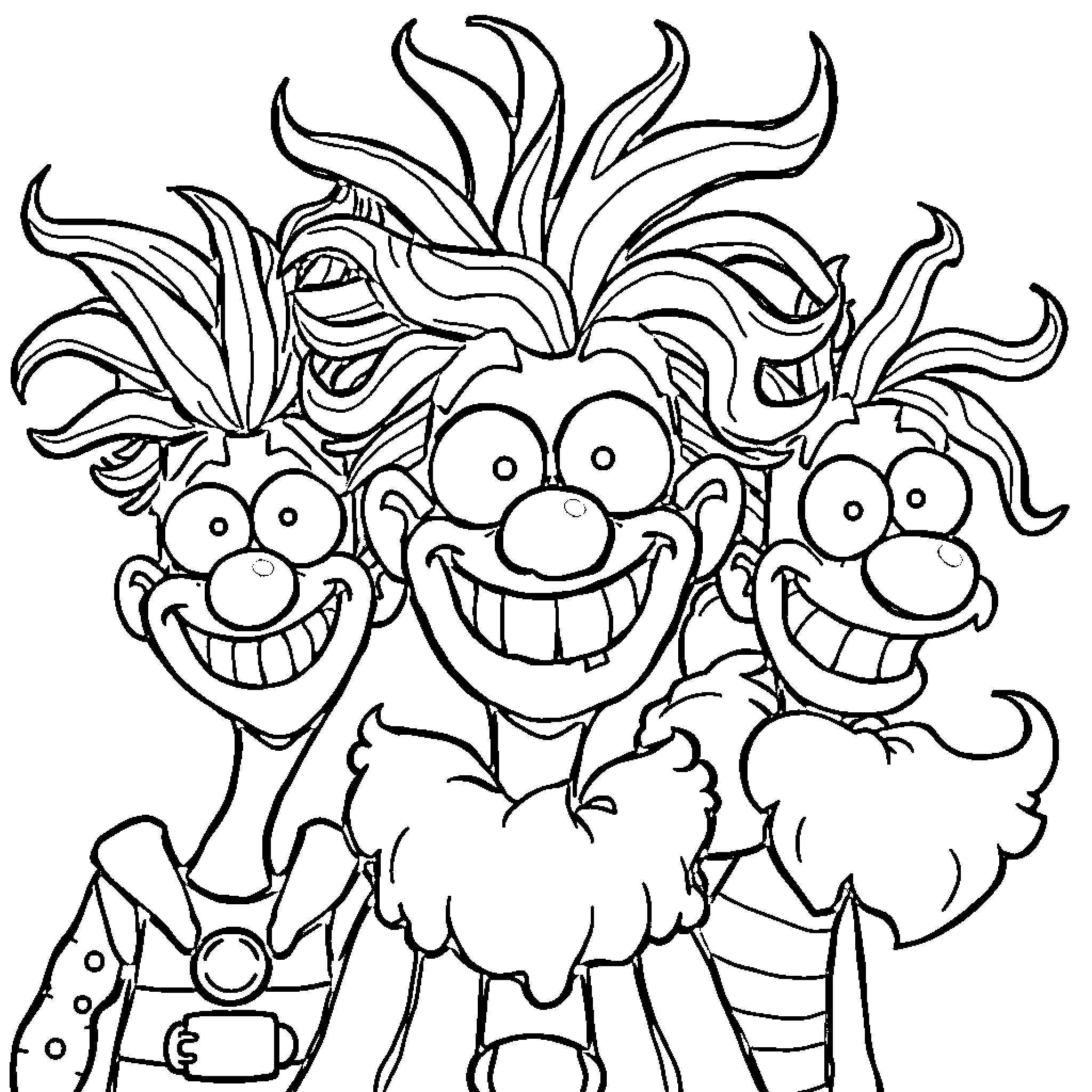Brainrot: Zany cartoon characters with wild hairstyles Coloring Page (free black-and-white line drawing printable PDF for all, from beginners to advanced learners, including children, teens, adults, and seniors)