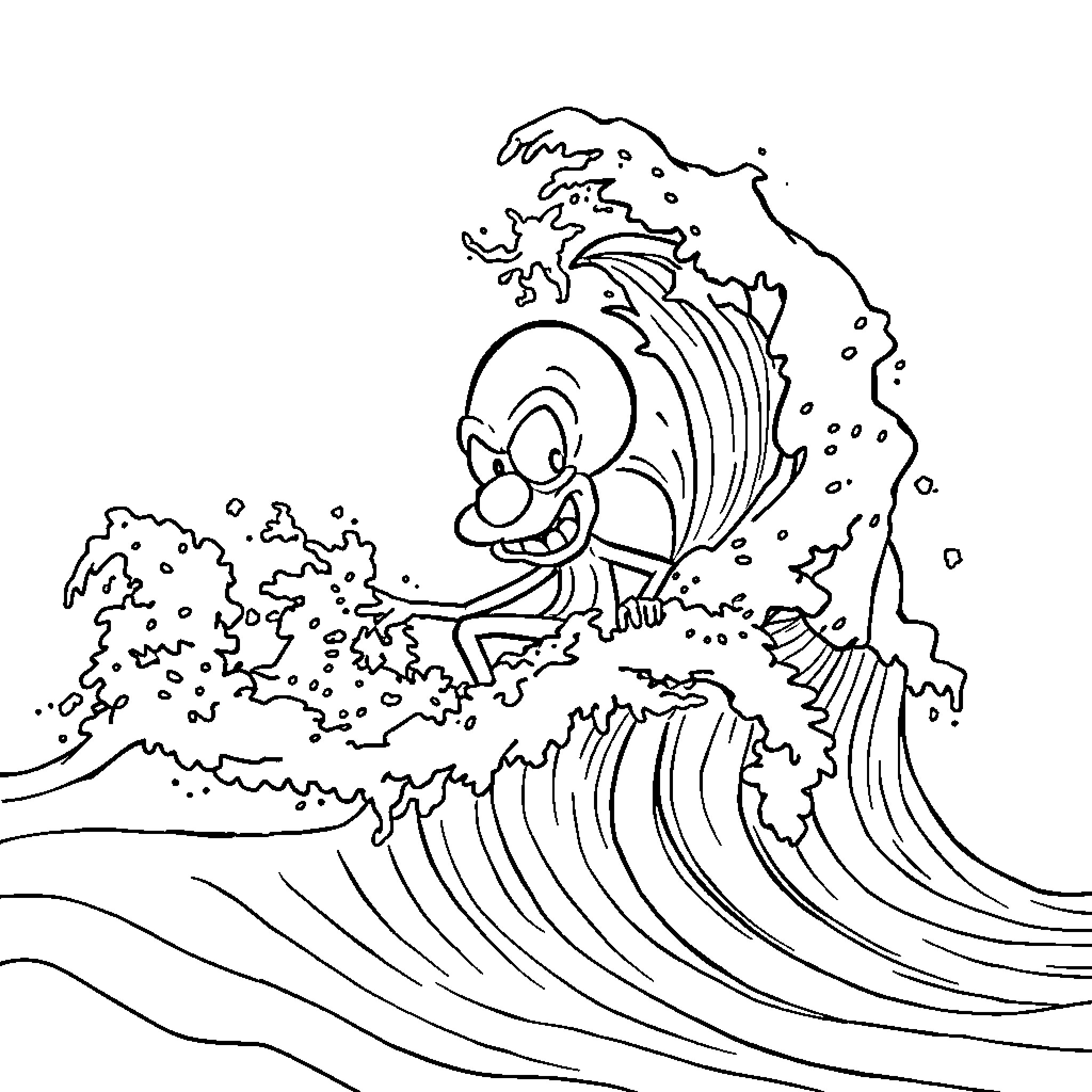 Squidward surfing on a giant wave Coloring Page (free black-and-white line drawing printable PDF for all, from beginners to advanced learners, including children, teens, adults, and seniors)
