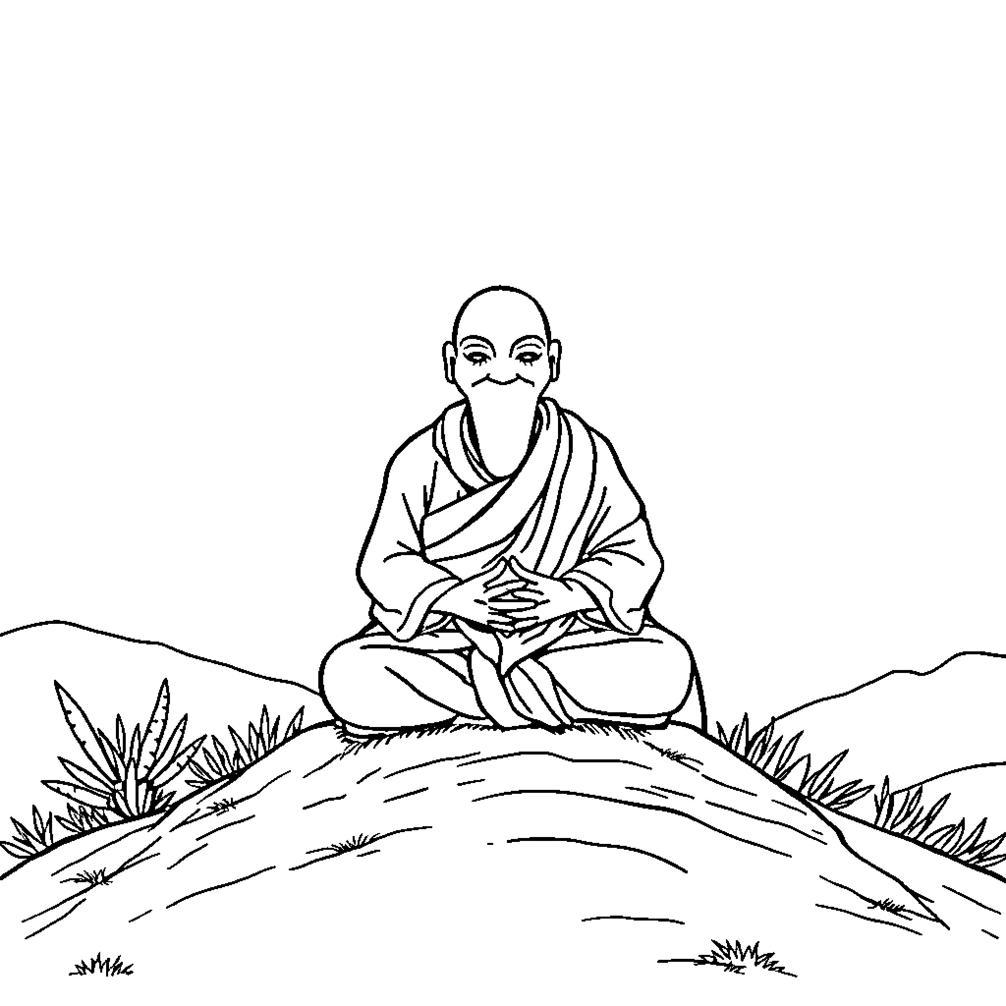 Turtle monk meditating in serene landscape Coloring Page (free black-and-white line drawing printable PDF for all, from beginners to advanced learners, including children, teens, adults, and seniors)