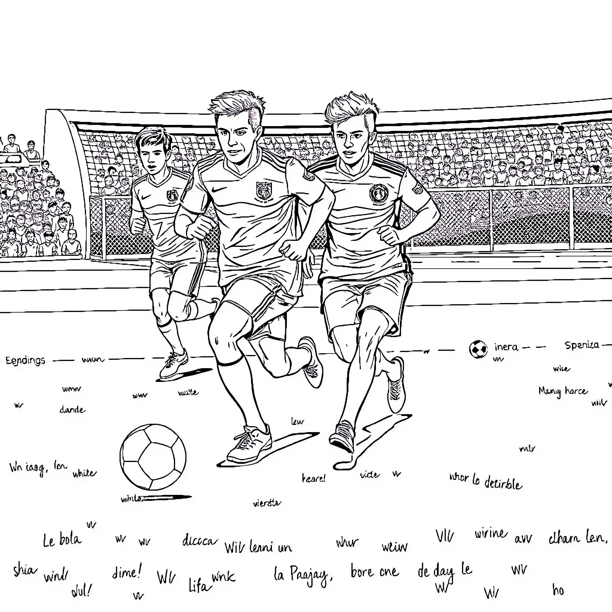 Football Players Competing on the Field Coloring Page (free black-and-white line drawing printable PDF for all, from beginners to advanced learners, including children, teens, adults, and seniors)