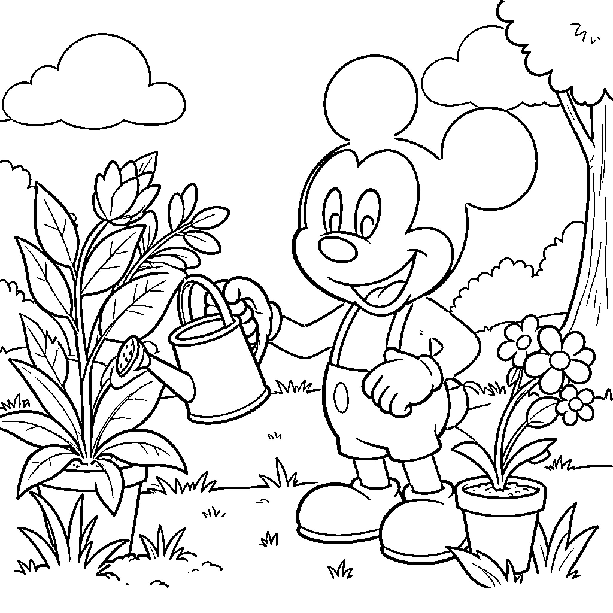 Mickey Mouse Happily Watering Plants in Cartoon Garden Coloring Page (free black-and-white line drawing printable PDF for all, from beginners to advanced learners, including children, teens, adults, and seniors)
