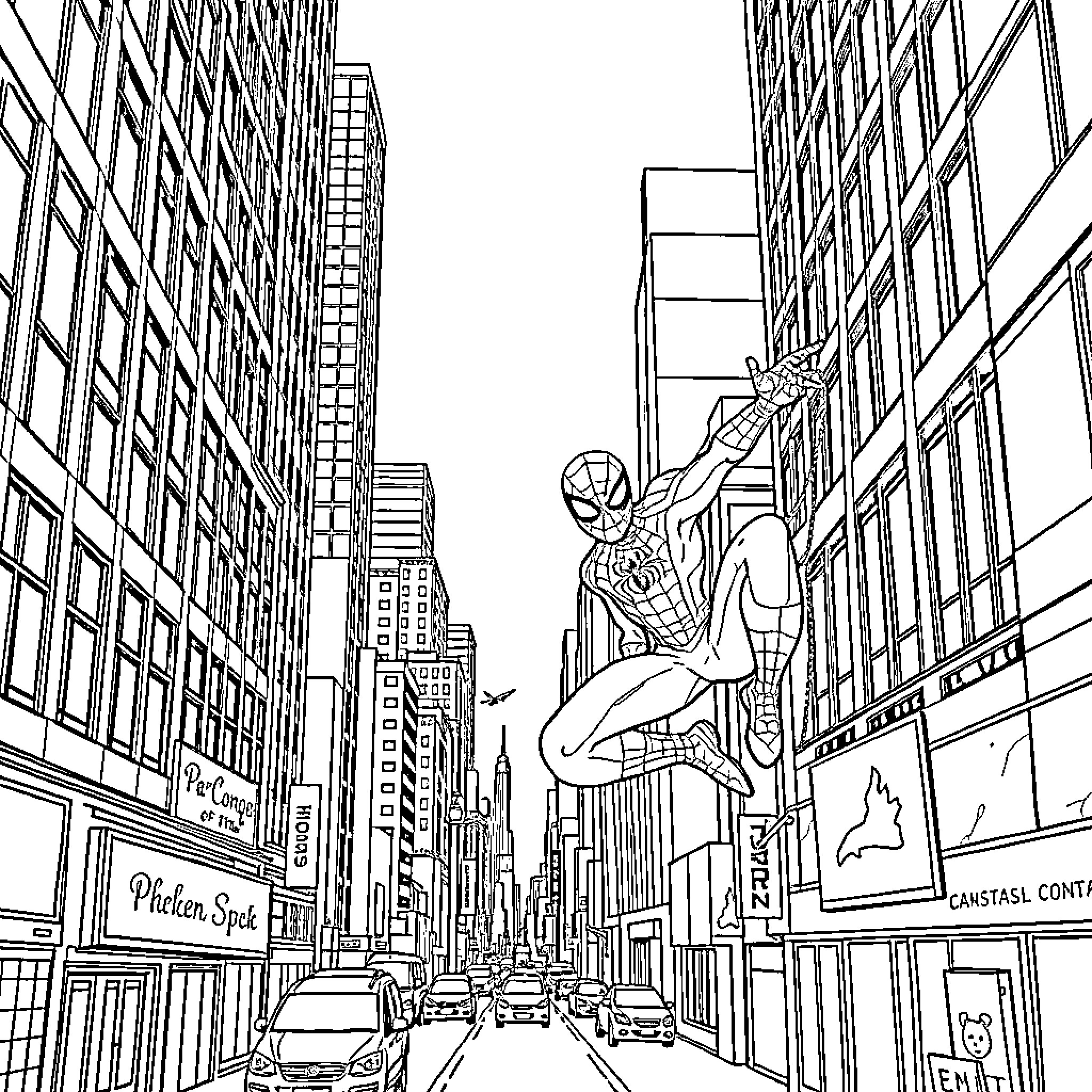 Spiderman swinging through the bustling city streets Coloring Page (free black-and-white line drawing printable PDF for all, from beginners to advanced learners, including children, teens, adults, and seniors)