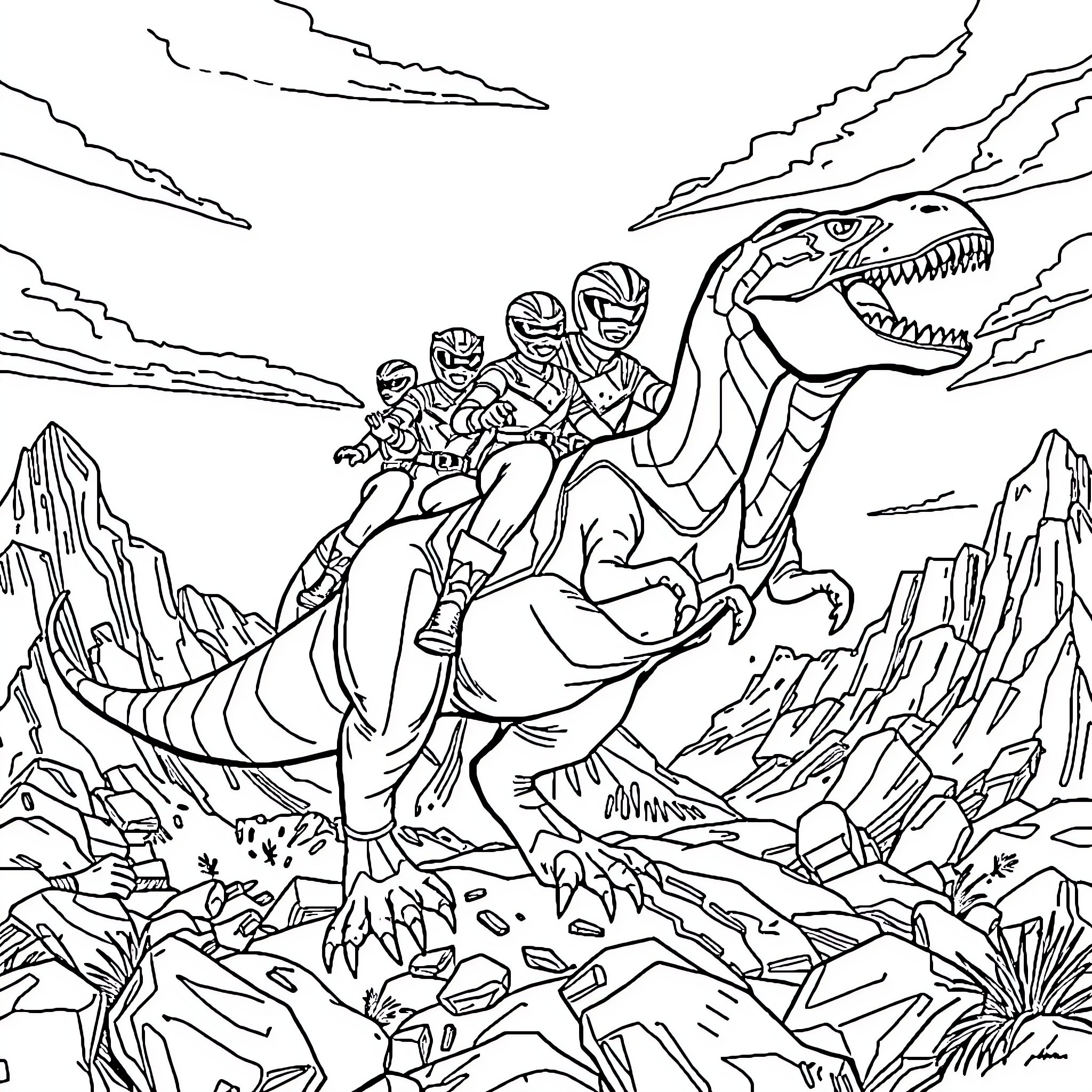 Power Rangers riding a mighty dinosaur into action Coloring Page (free black-and-white line drawing printable PDF for all, from beginners to advanced learners, including children, teens, adults, and seniors)