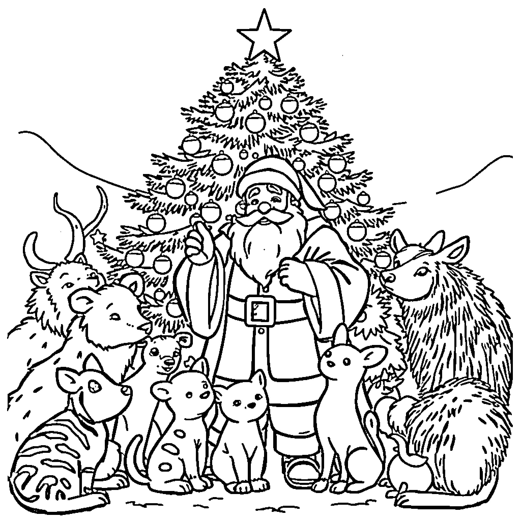 Papa Noel and his friends among the Christmas trees Coloring Page (free black-and-white line drawing printable PDF for all, from beginners to advanced learners, including children, teens, adults, and seniors)
