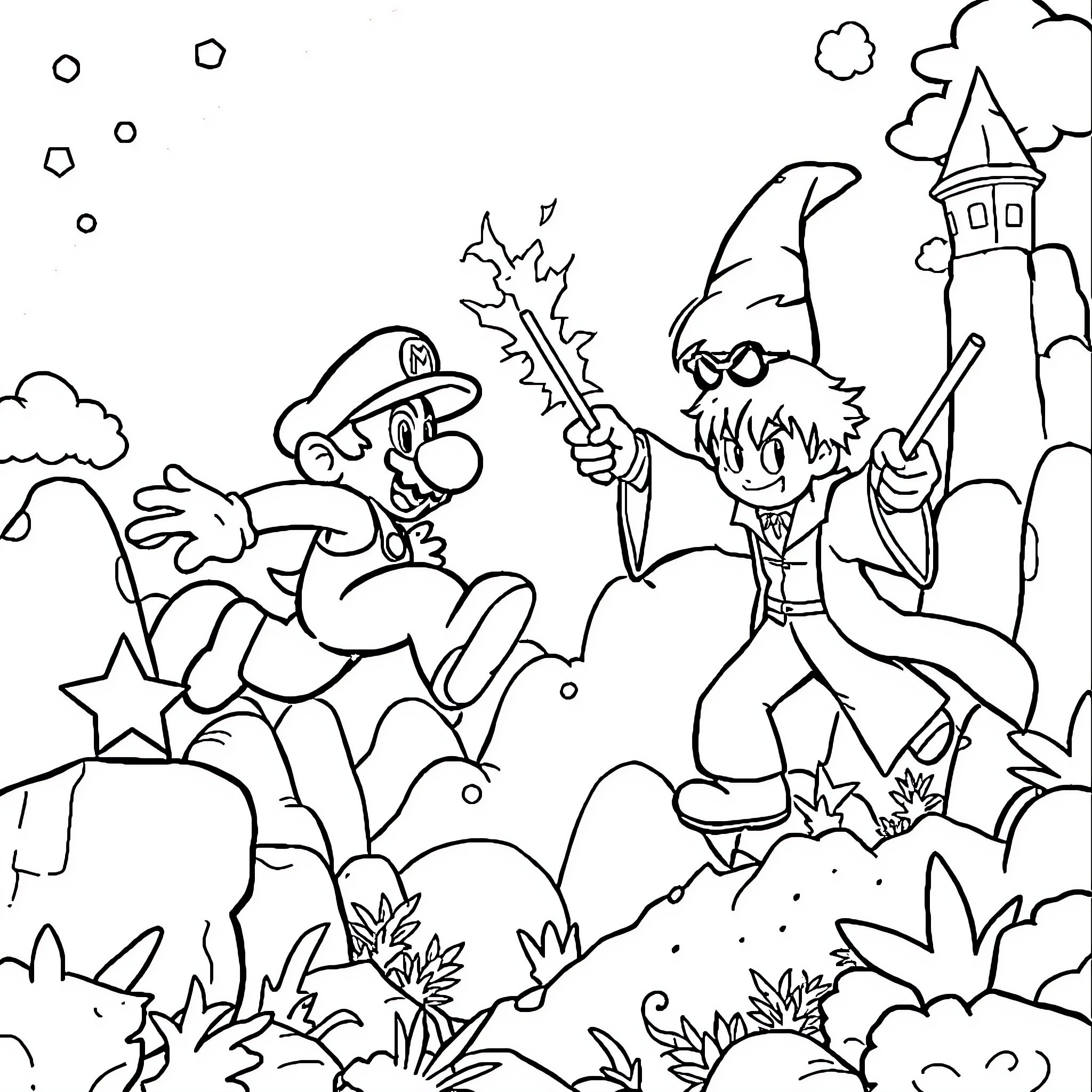 Super Mario and Link Adventuring in the Magical Forest Coloring Page (free black-and-white line drawing printable PDF for all, from beginners to advanced learners, including children, teens, adults, and seniors)