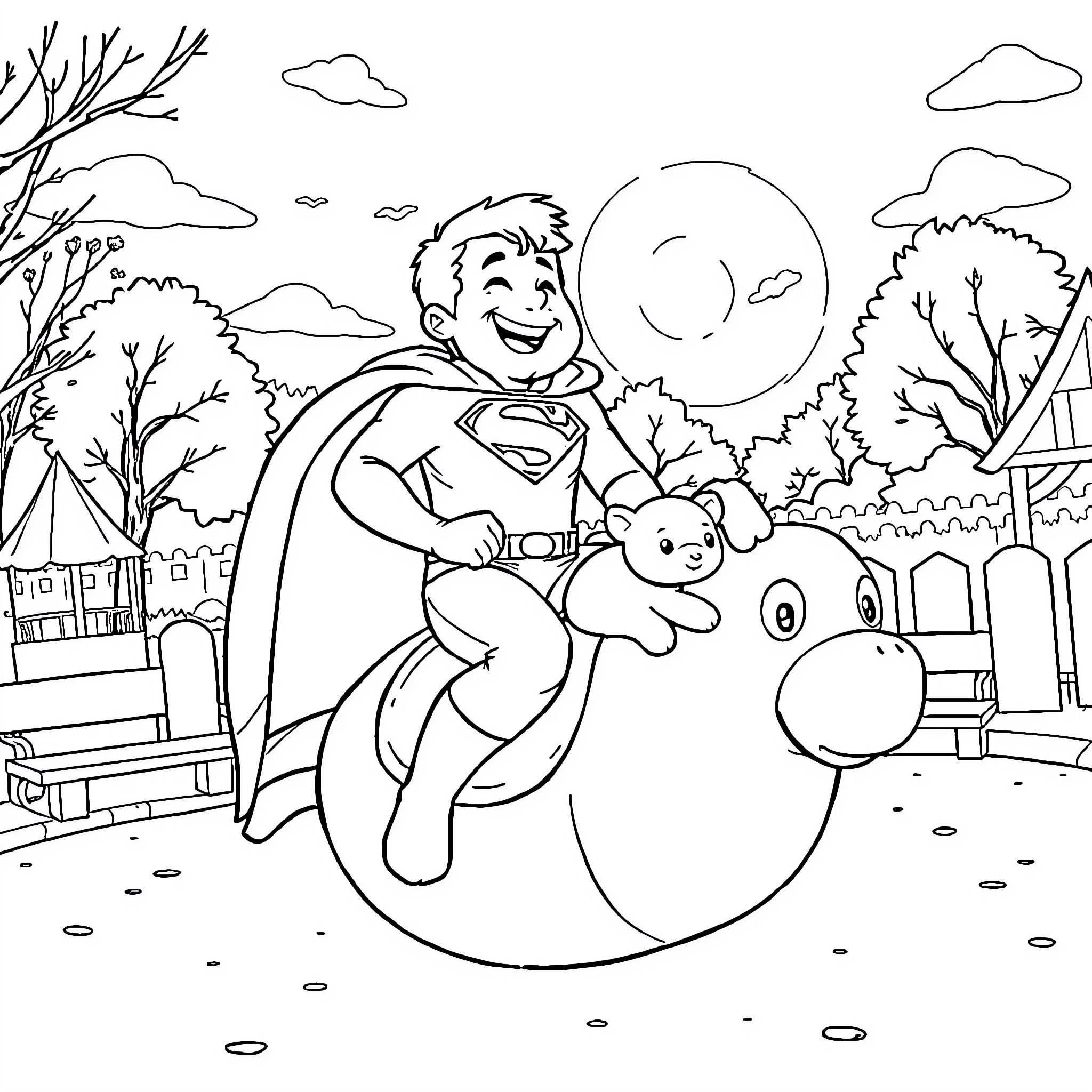 Superman's Joyful Playtime in the Park Coloring Page (free black-and-white line drawing printable PDF for all, from beginners to advanced learners, including children, teens, adults, and seniors)